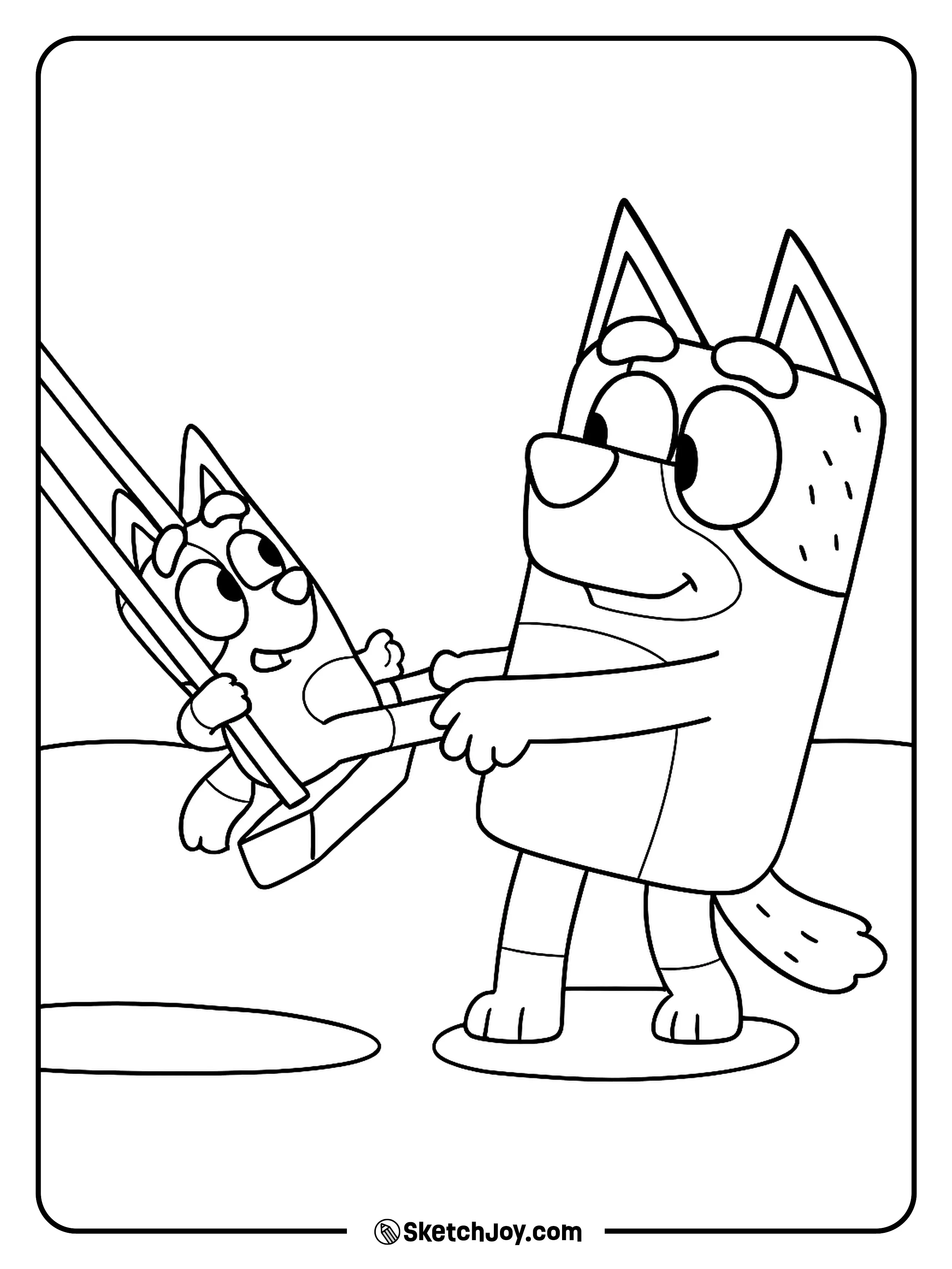 Bandit is happily pushing Bingo on a swing