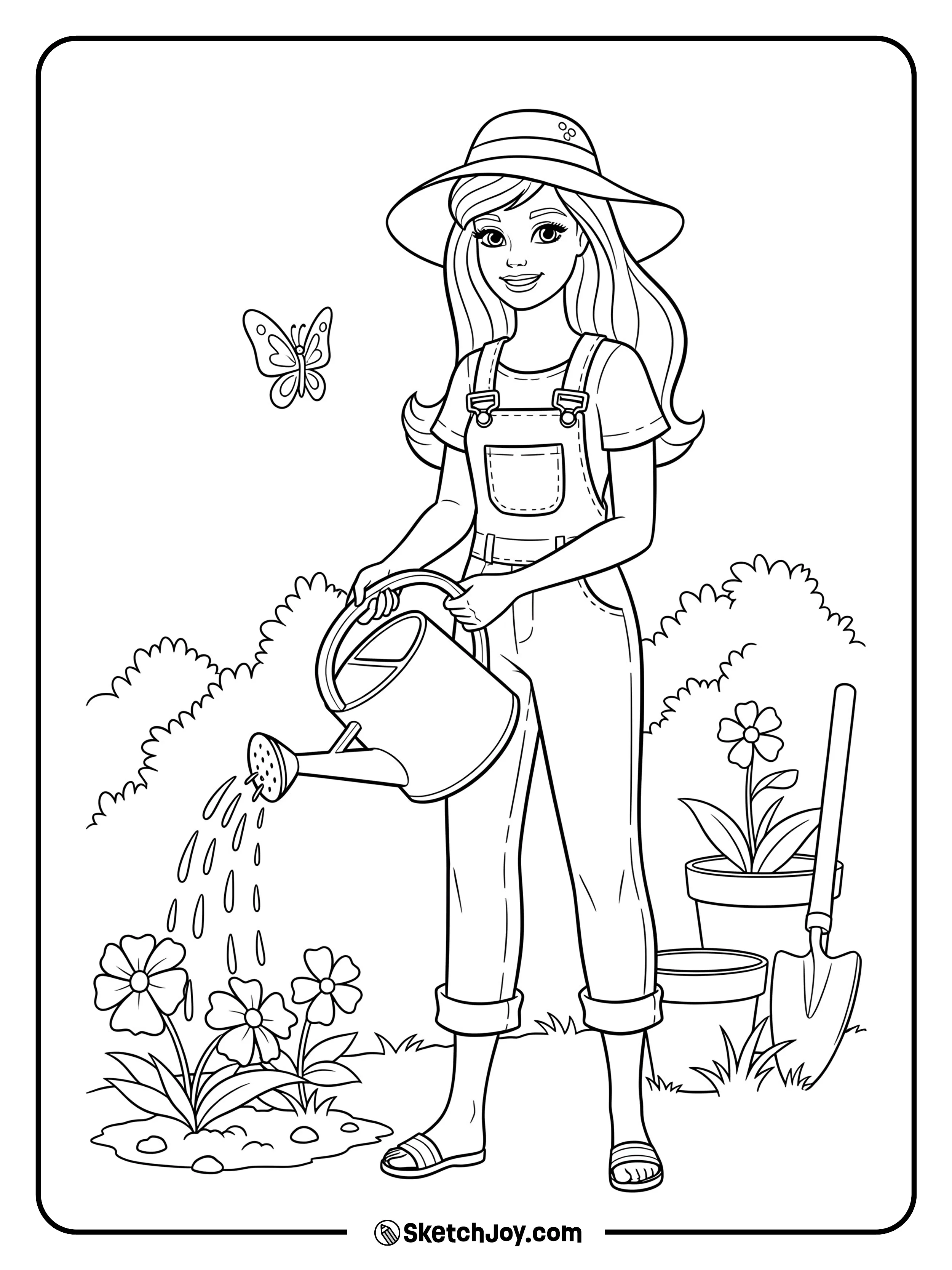 Barbie is watering her flowers in the garden.