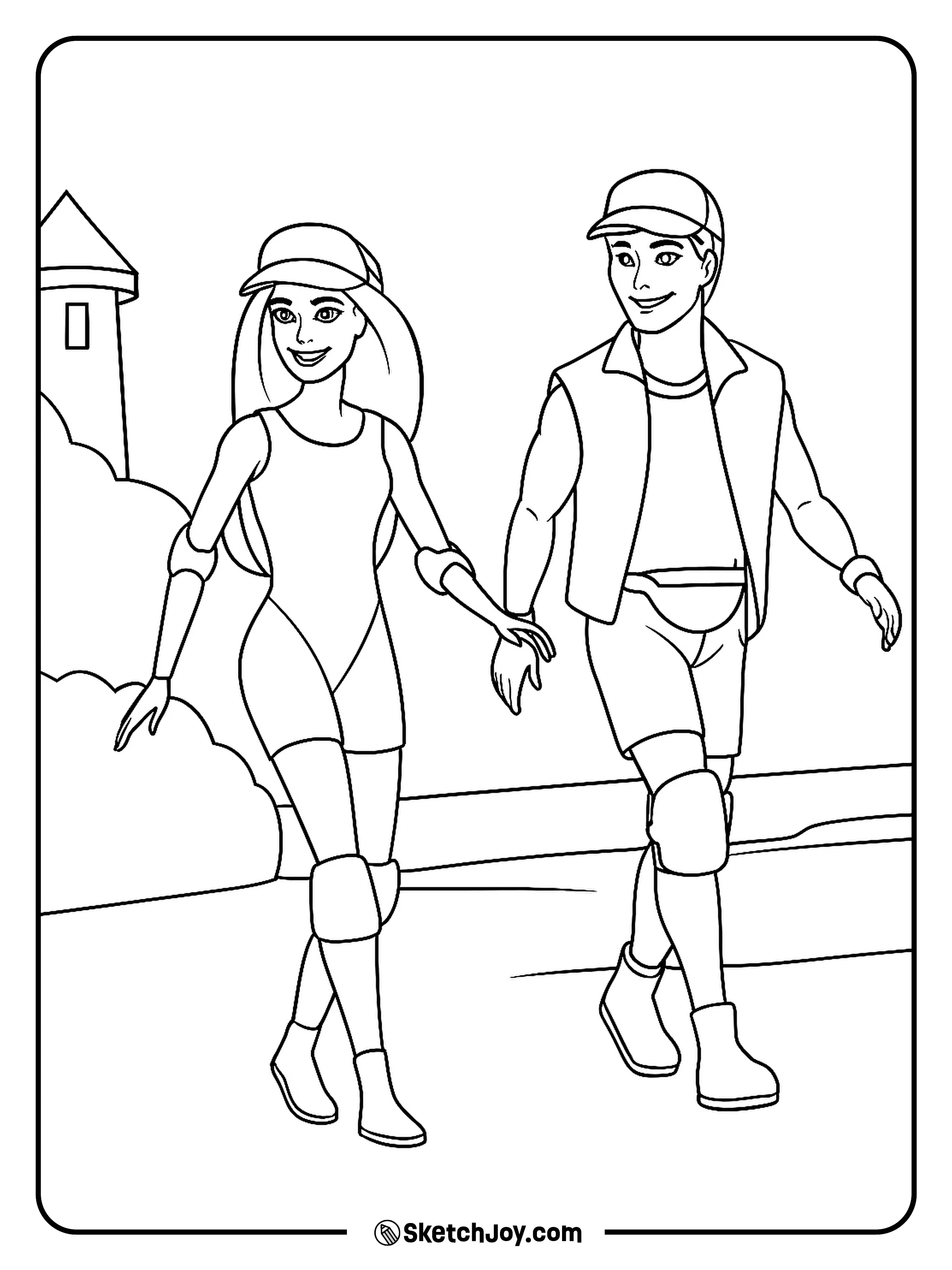 Barbie and Ken are walking at the beach.