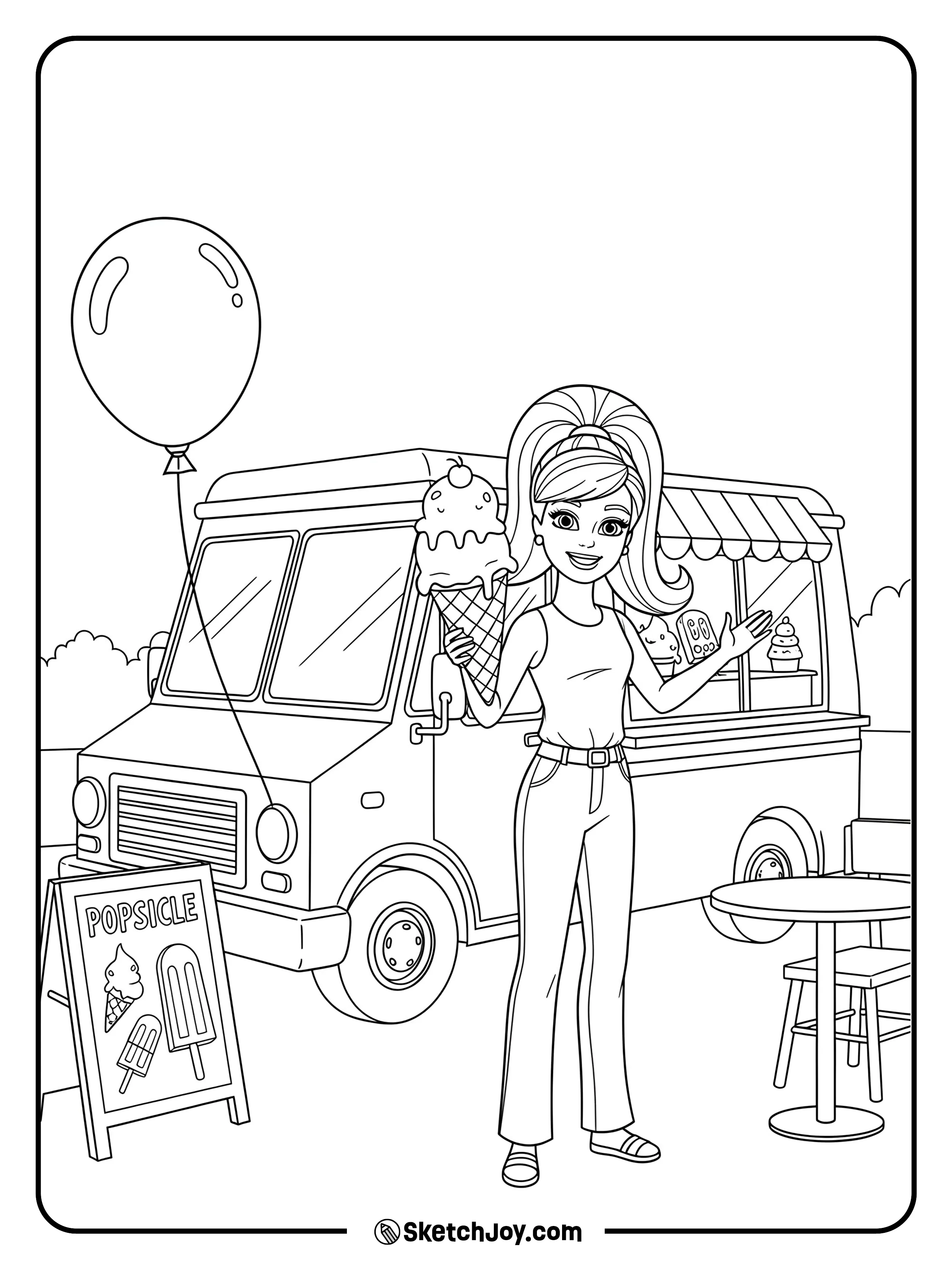 Barbie is getting her favorite treat from an ice cream truck