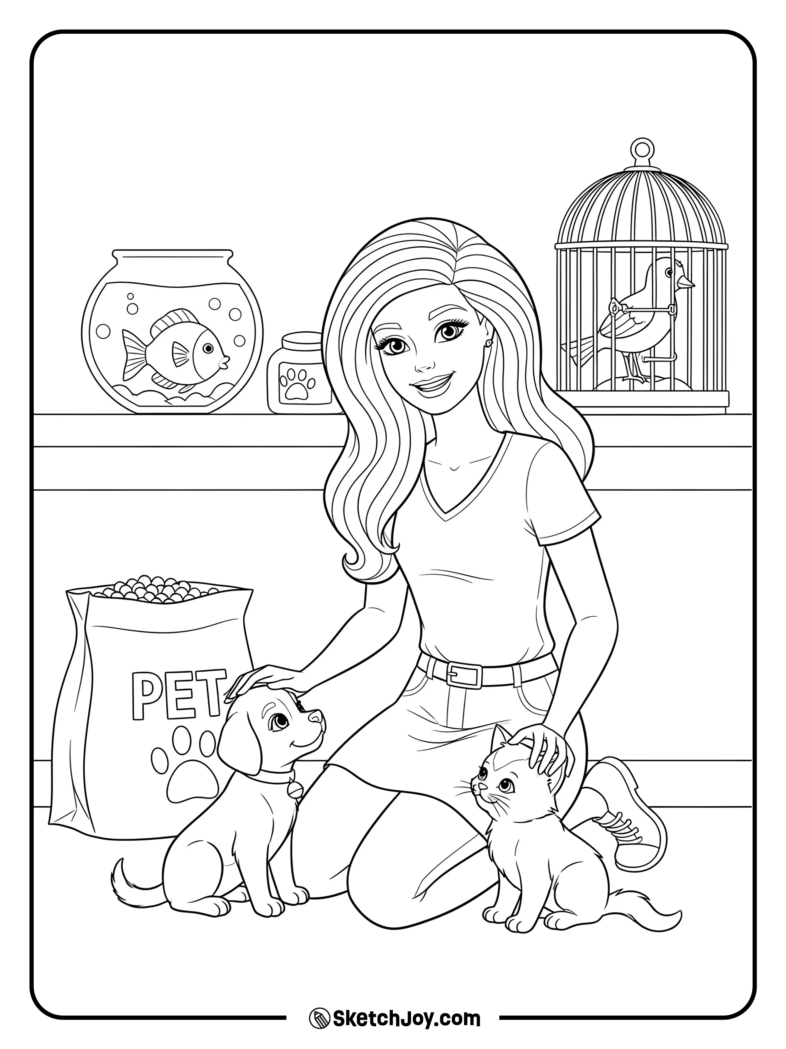 Barbie is playing with cute animals at the pet shop