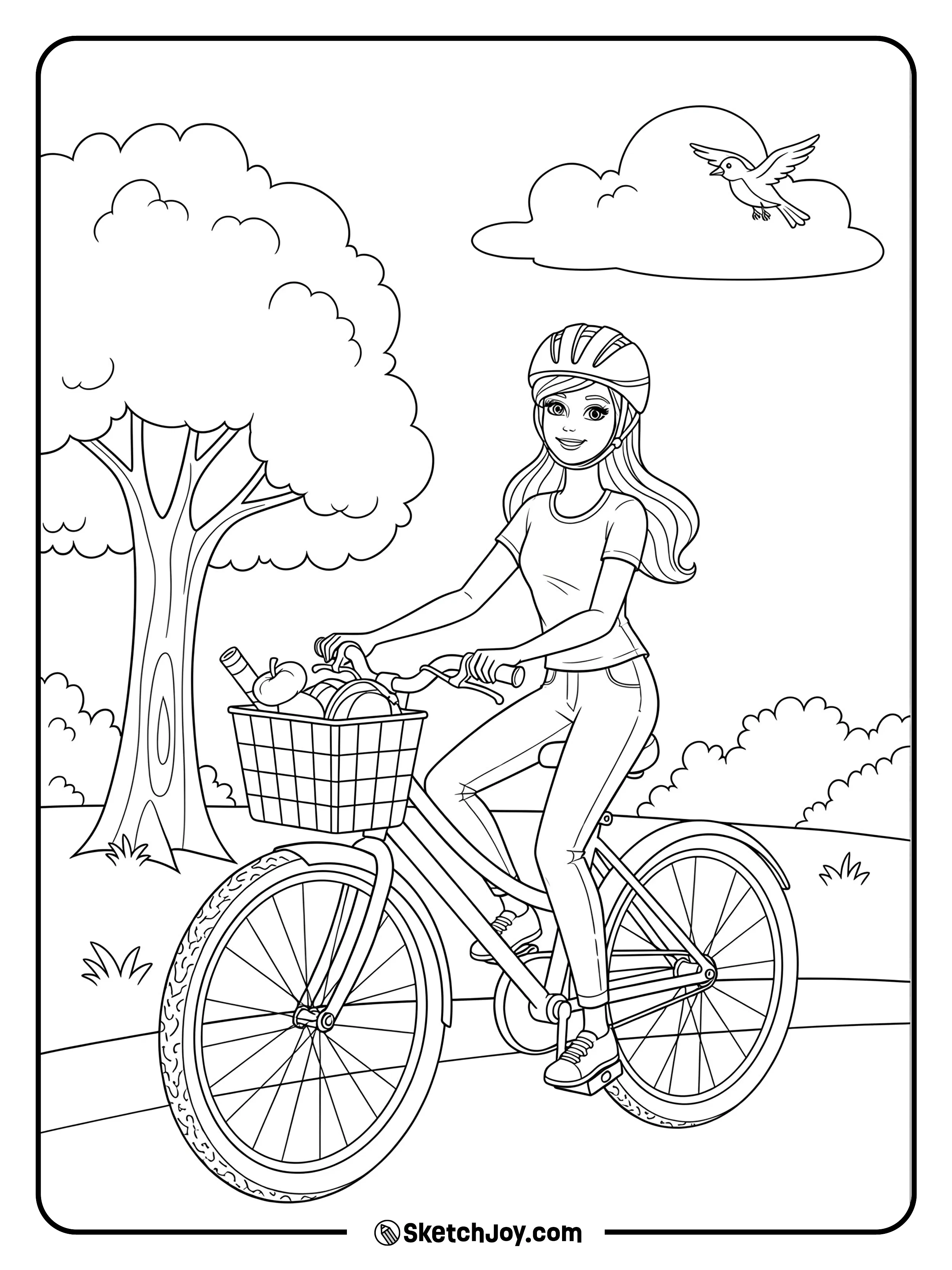Barbie is riding her bicycle in a peaceful park.
