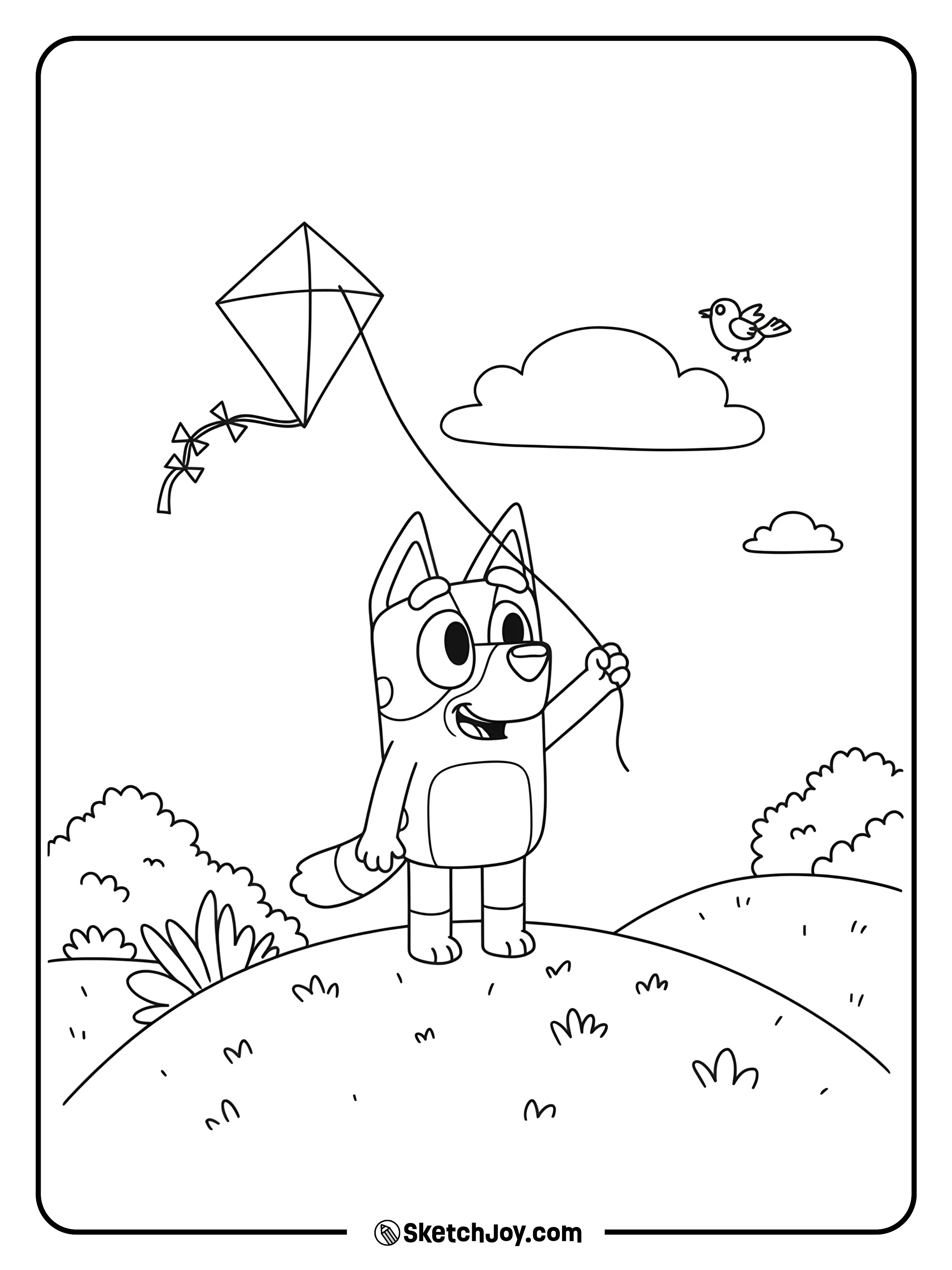 Bluey is holding a kite string and having fun on a breezy day.