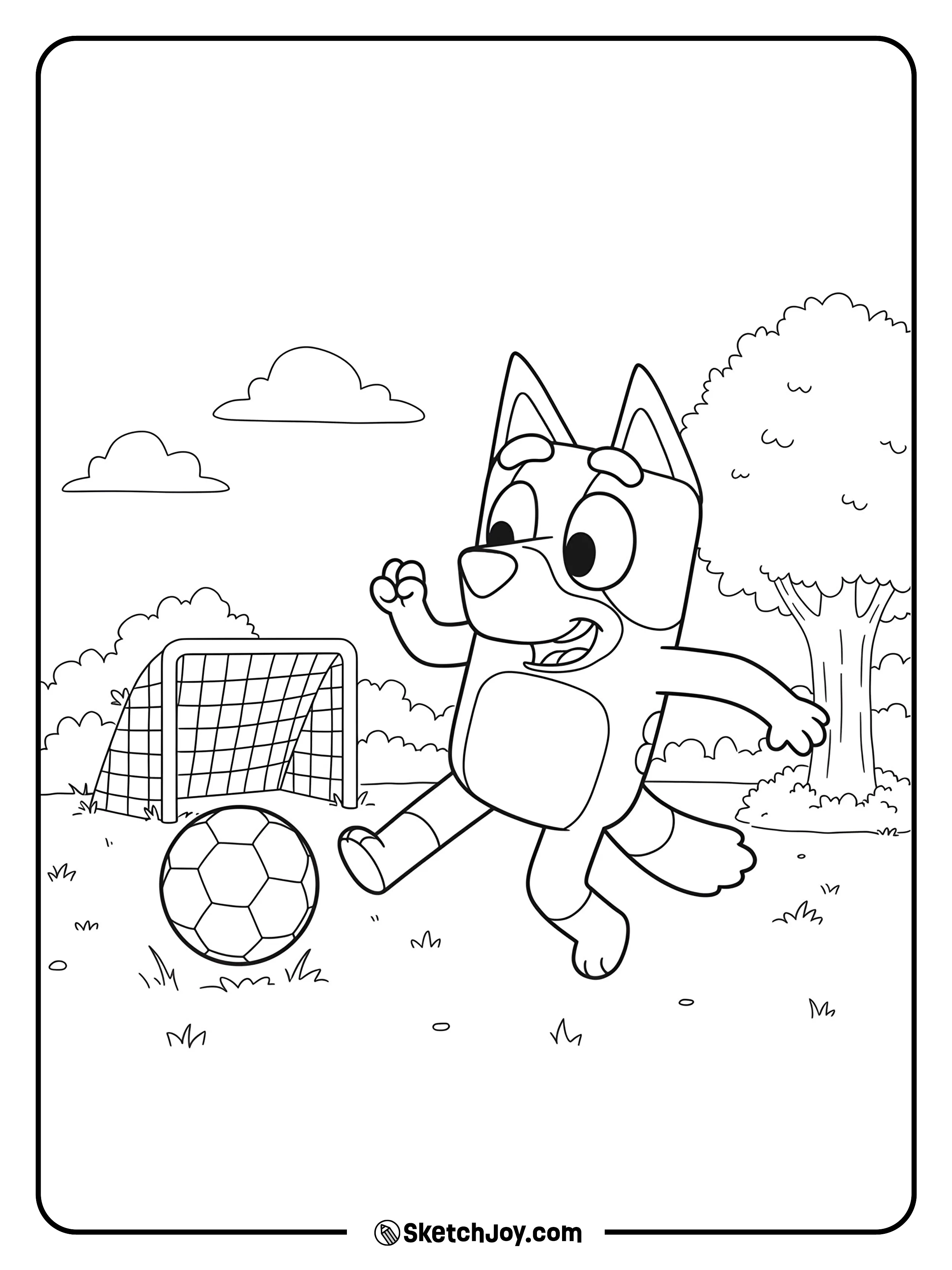 Bluey is kicking a soccer ball across the field.