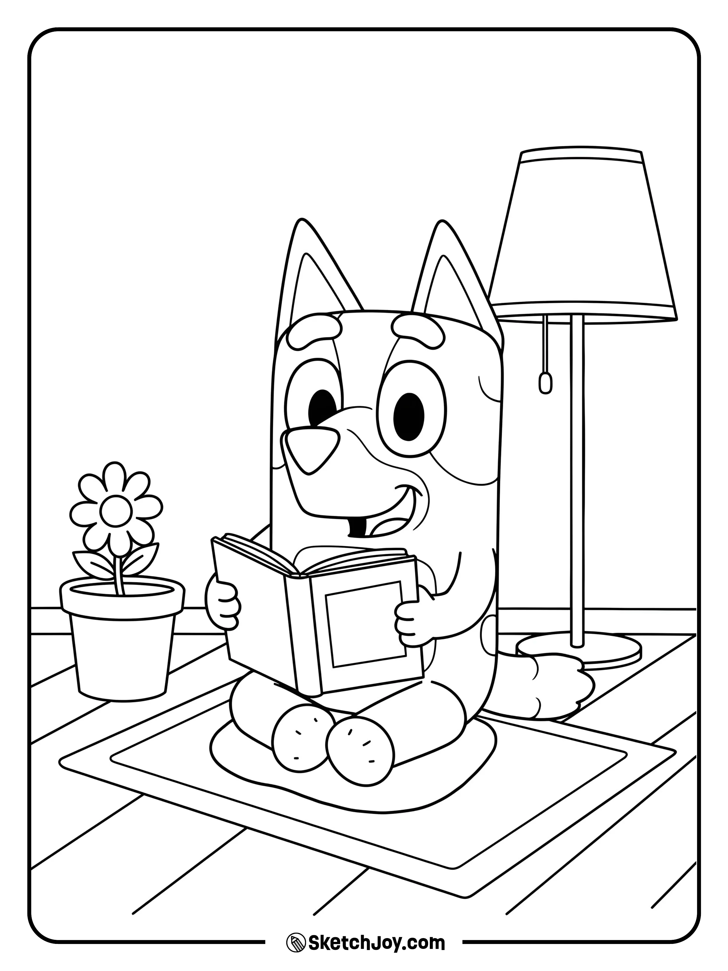 Bluey is sitting peacefully reading her favorite storybook.