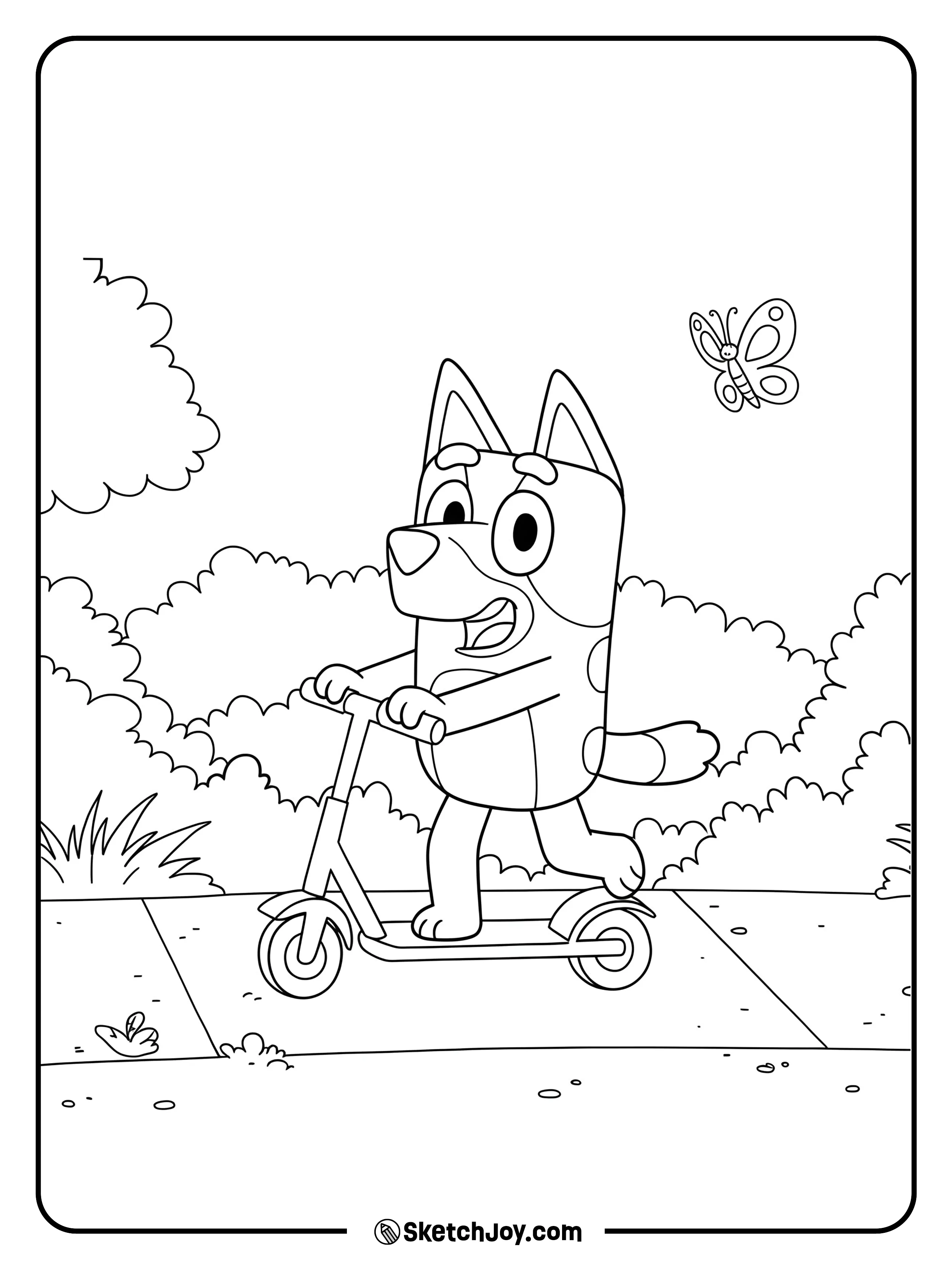 Bluey is going down the path on her scooter.
