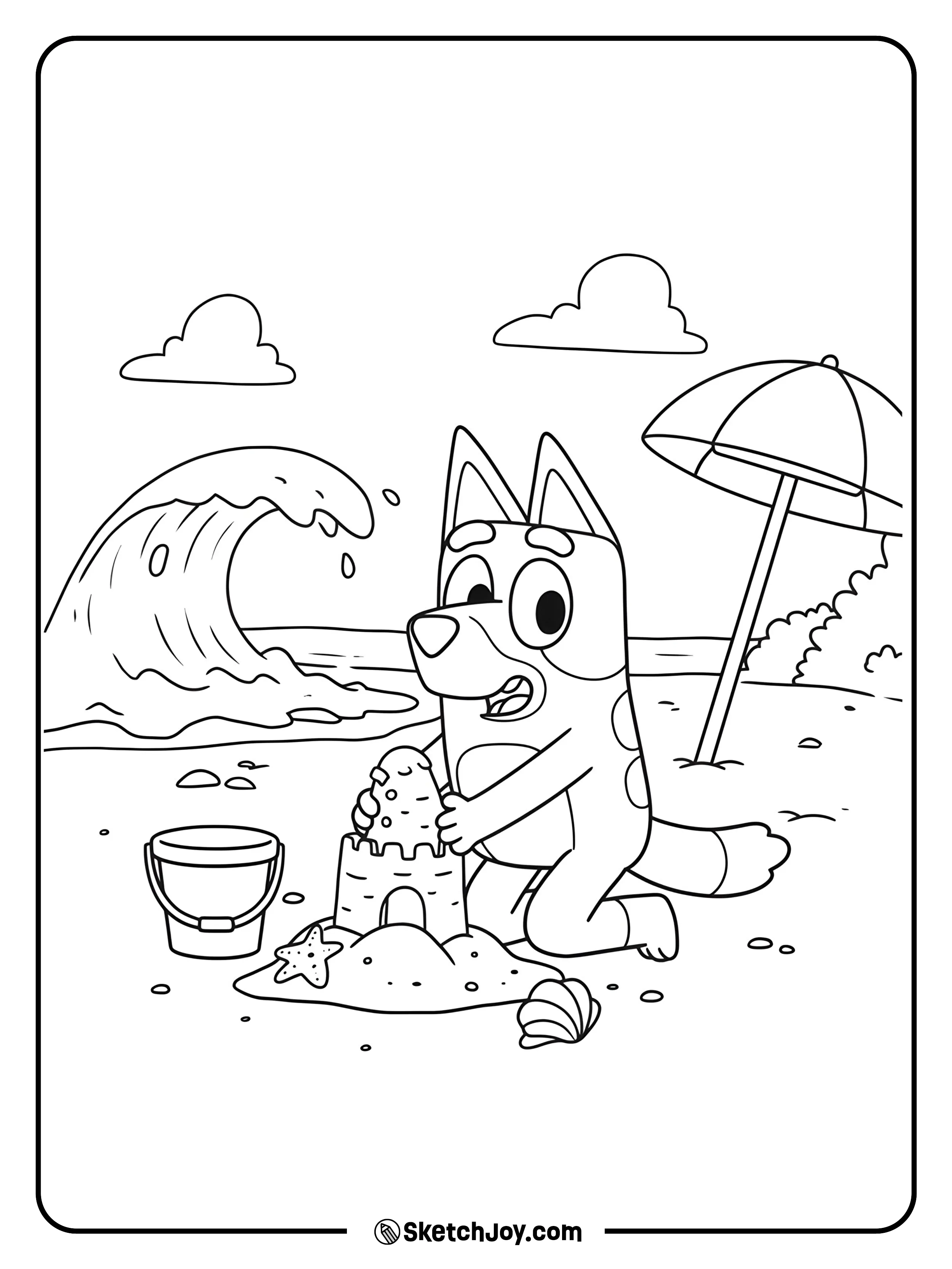 Bluey is building a sandcastle by the sea.