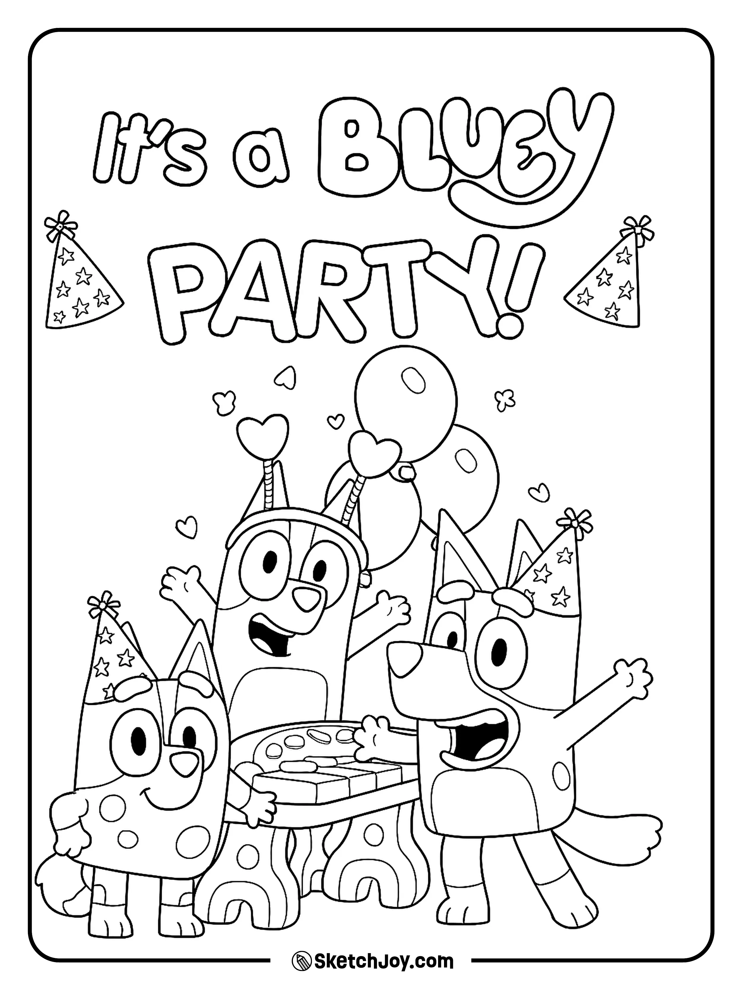 Bluey, Bingo, and Muffin are having a fun-filled birthday party with balloons.