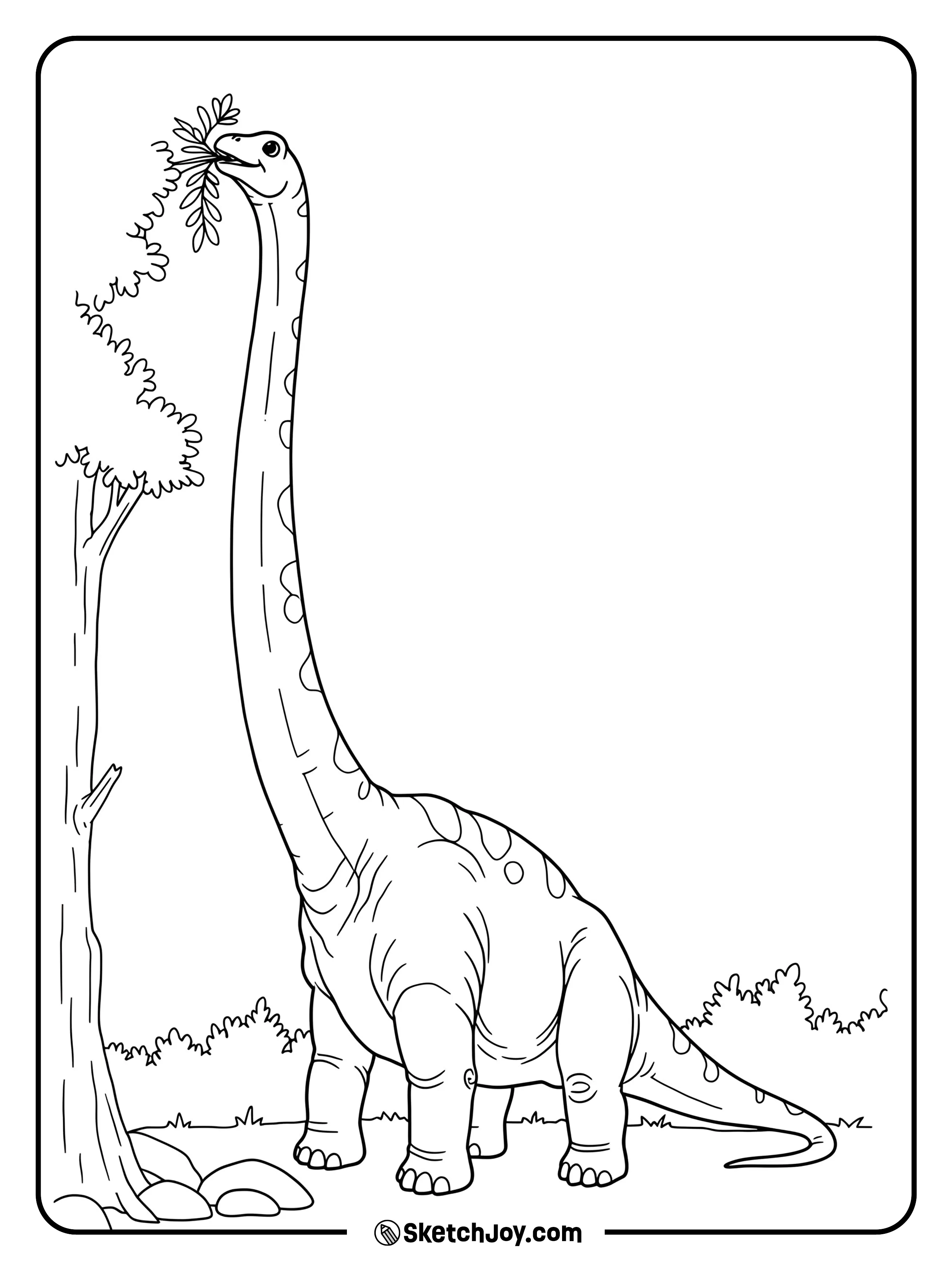 A tall Brachiosaurus stretches its neck to nibble on leaves from a tree.