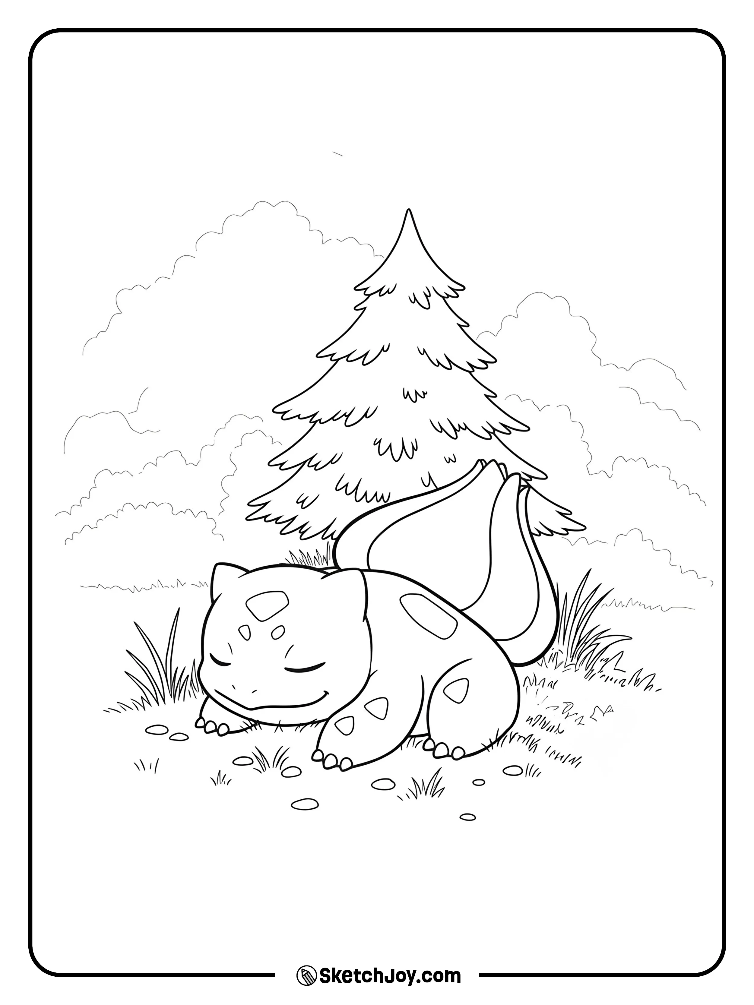 Bulbasaur takes a peaceful nap under a tree, surrounded by nature.