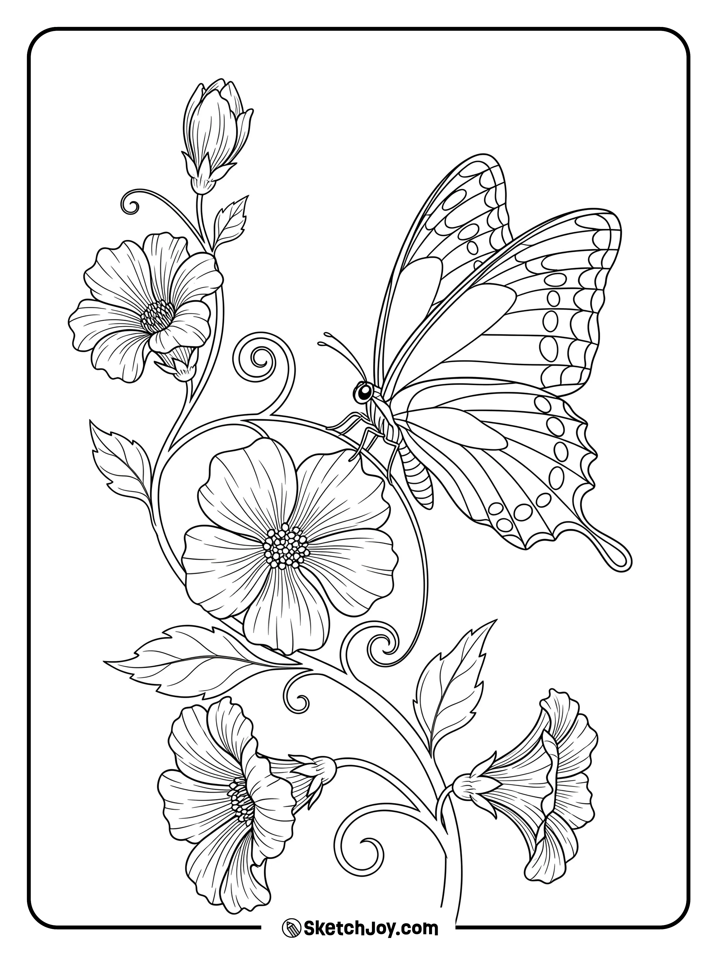 A realistic butterfly resting among swirling vines and blooming flowers, with light botanical detail.