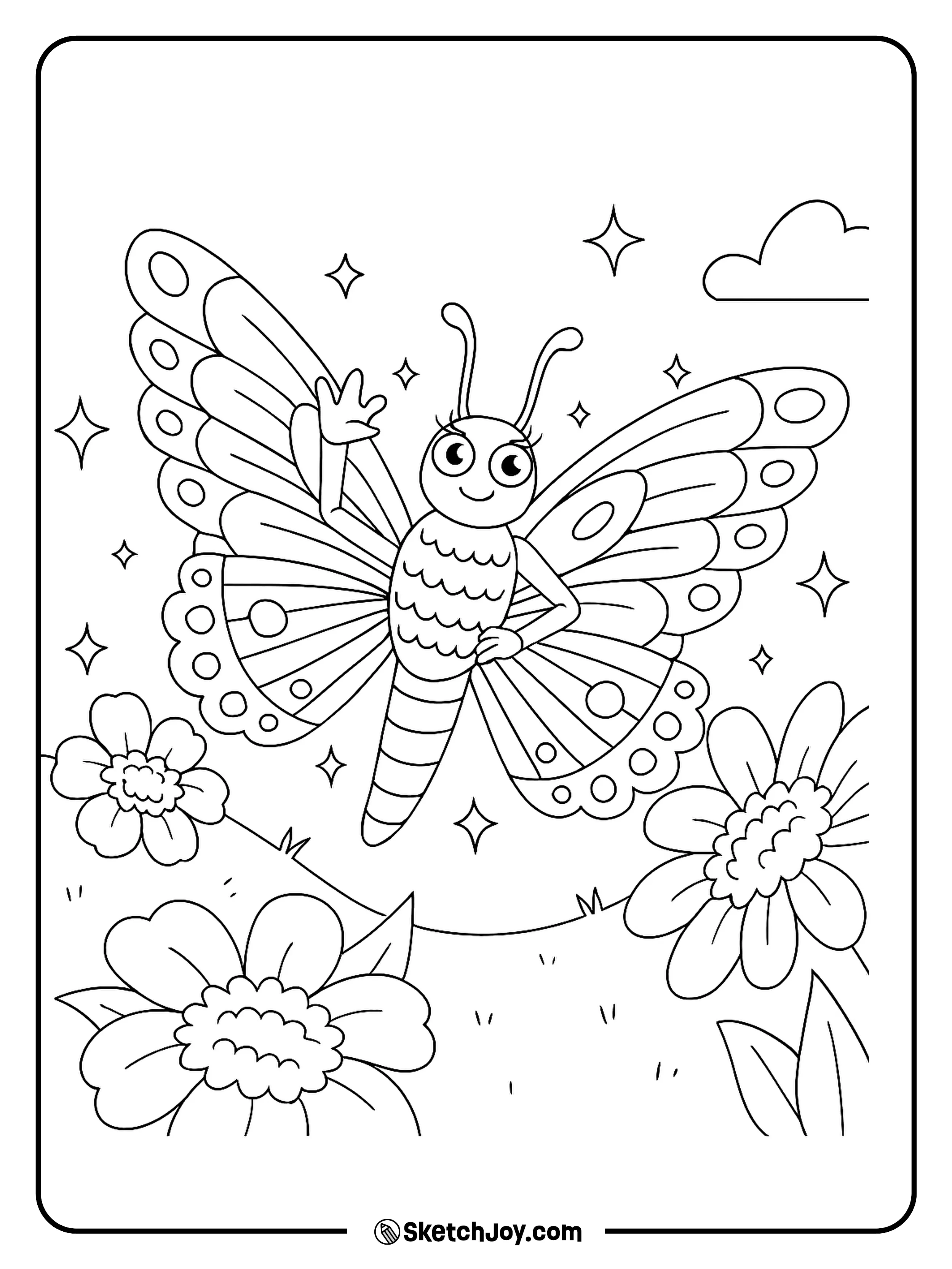 A charming butterfly character waves happily while surrounded by large blooming flowers.