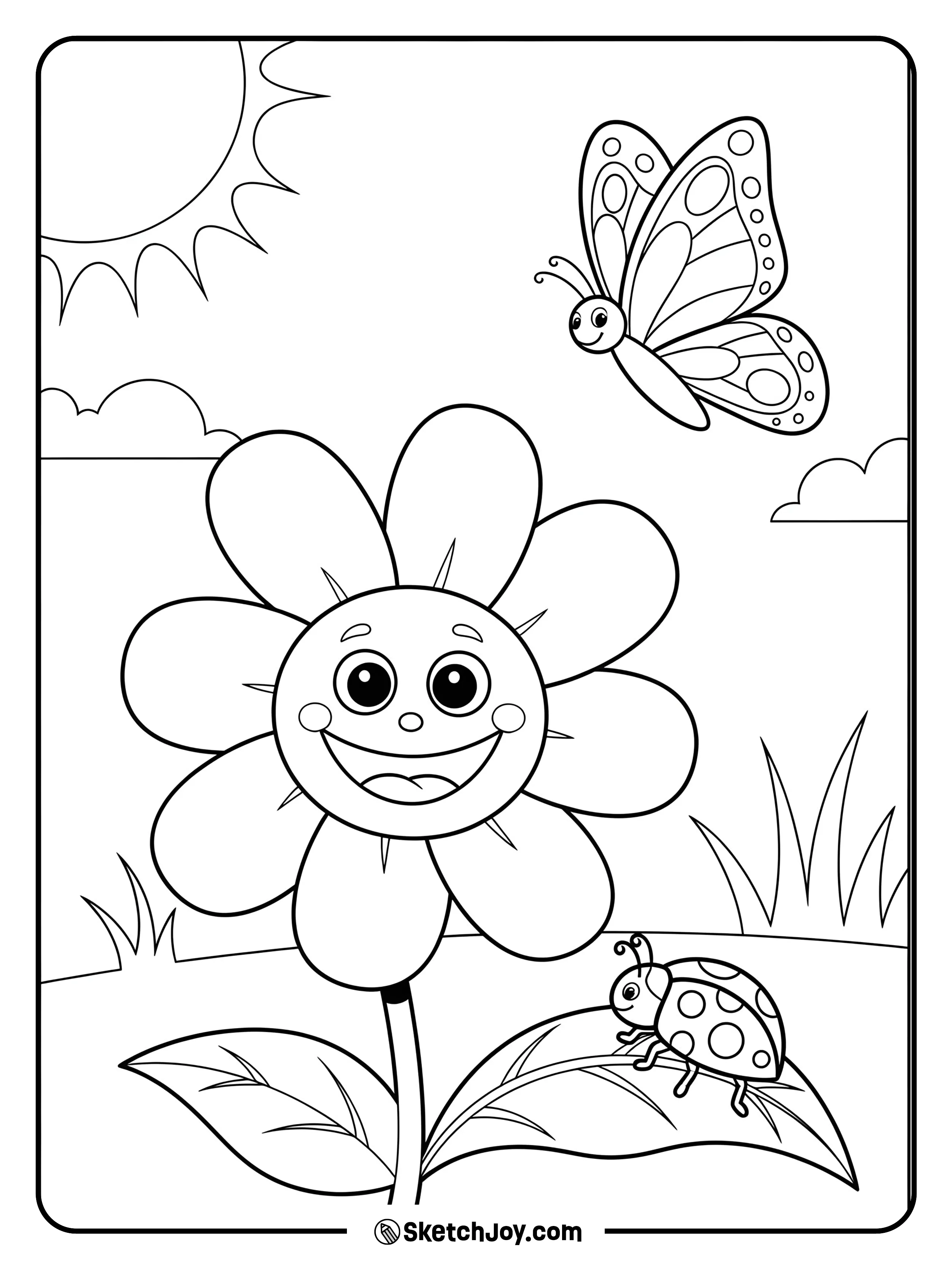 A butterfly plays near a smiling flower, with a tiny ladybug.