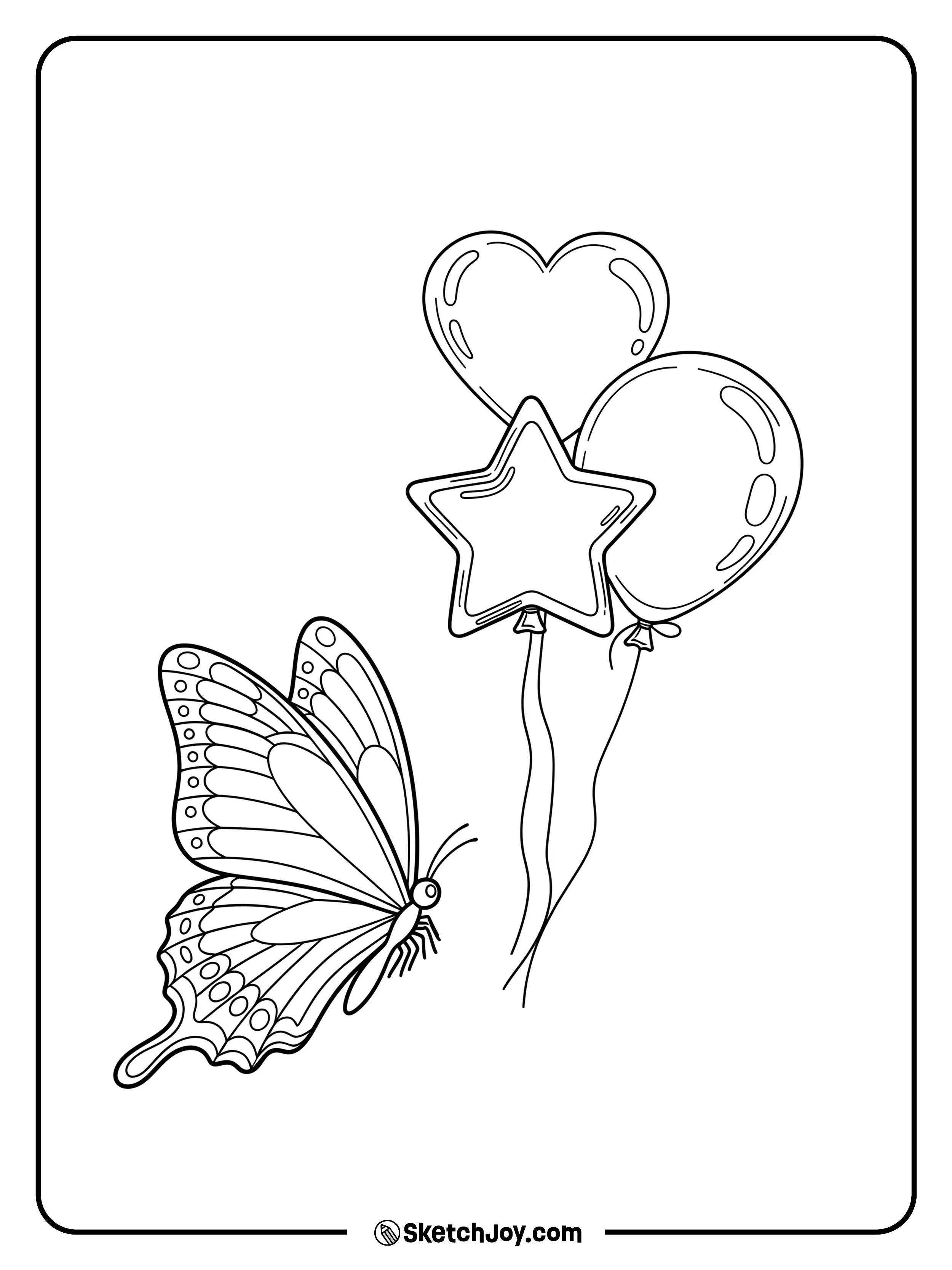 A curious butterfly flies near three floating balloons.