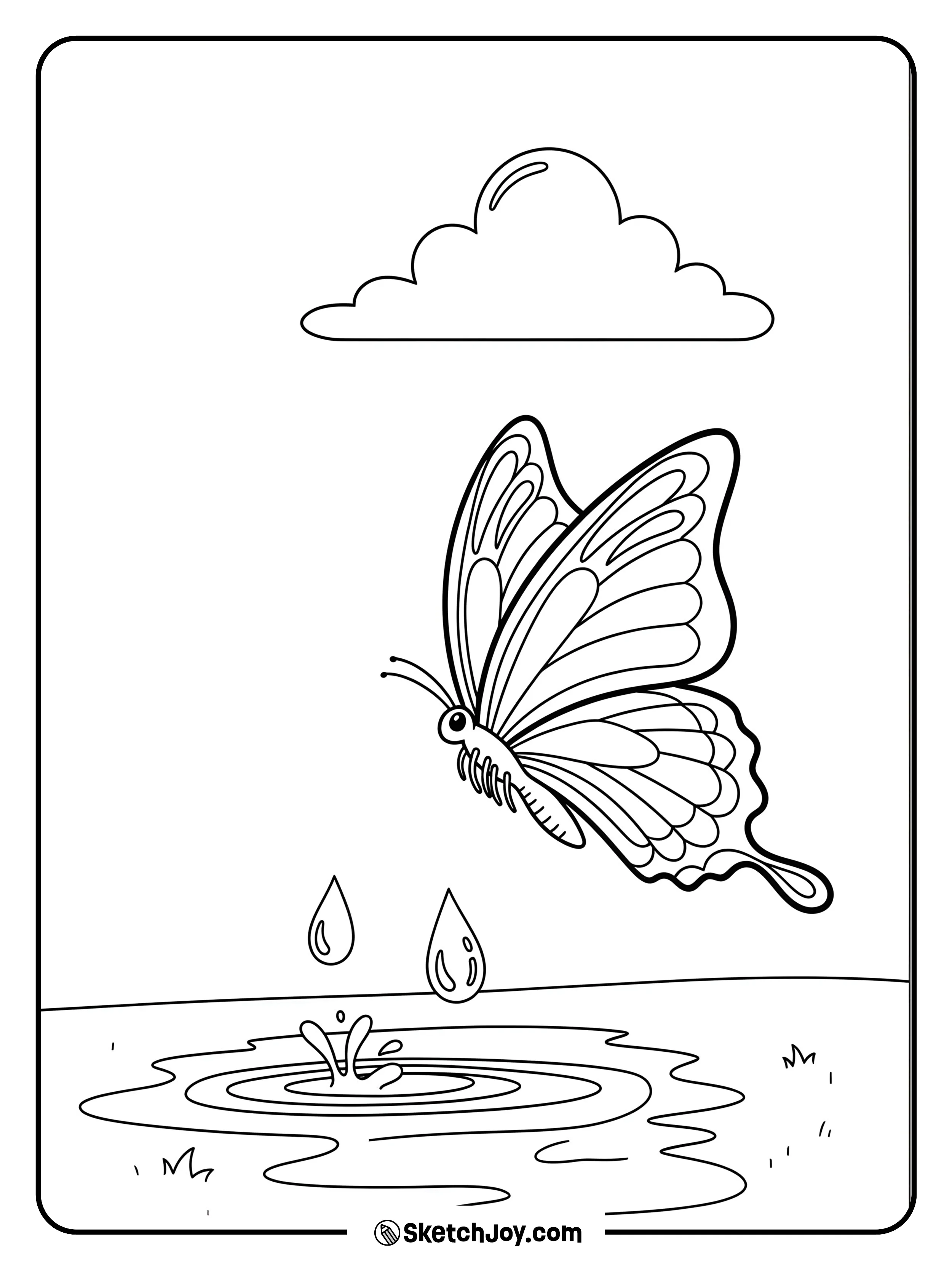 A little butterfly is fluttering near a puddle with two raindrops.