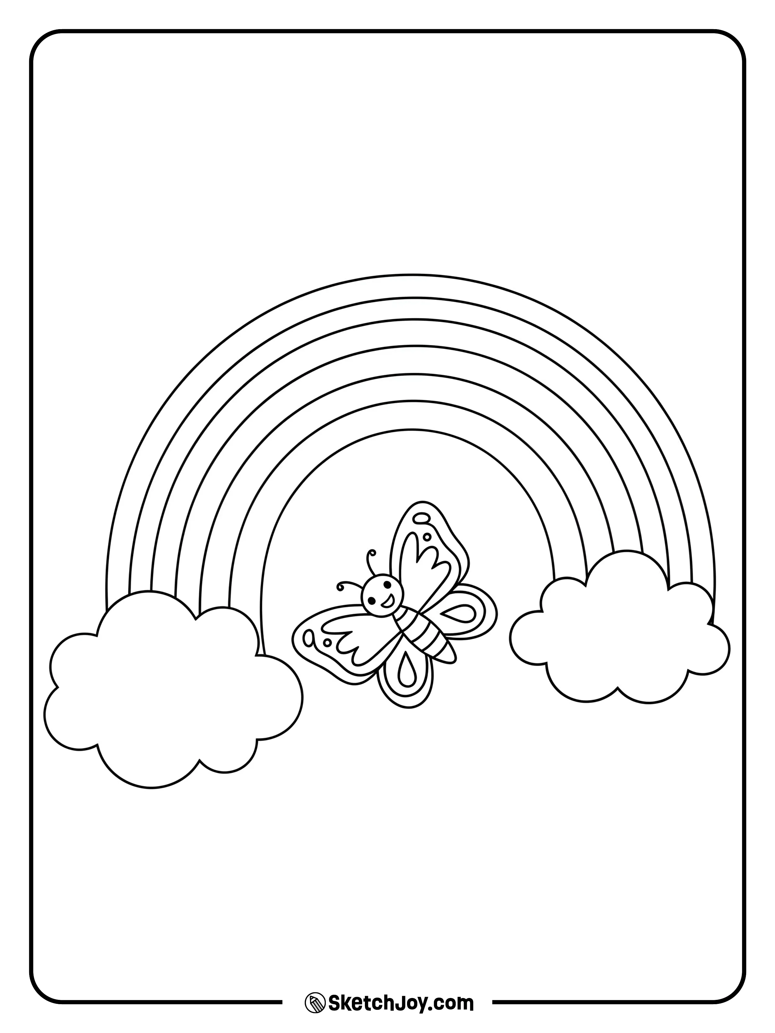 A butterfly gracefully flies beneath a big rainbow.