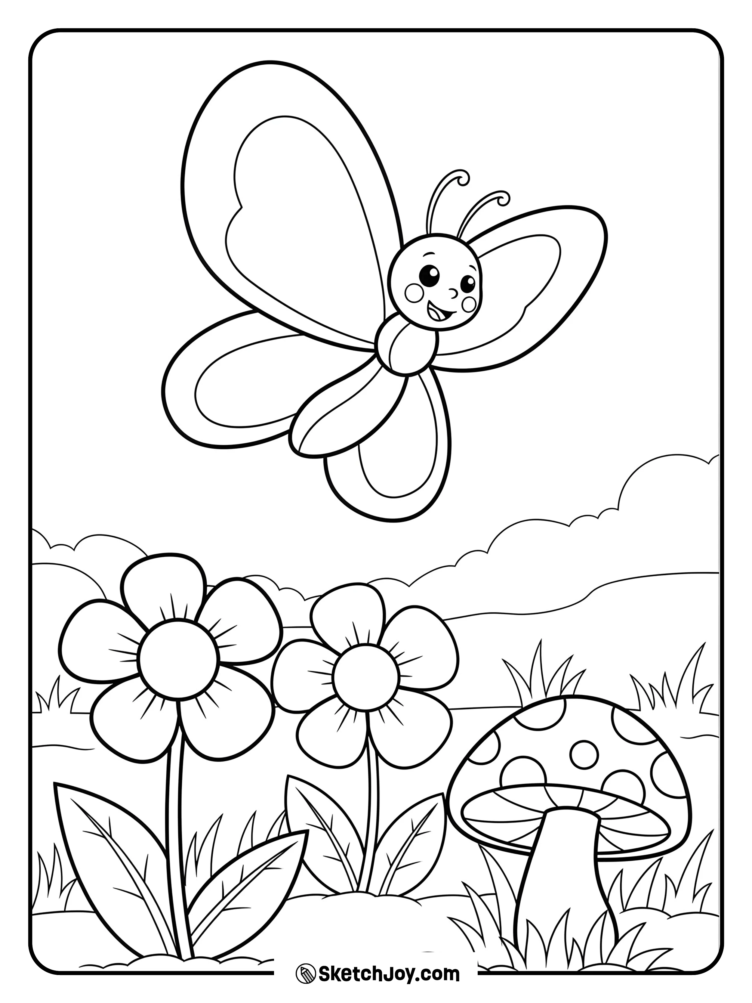 A cheerful butterfly is flying near a couple of simple flowers and a mushroom.