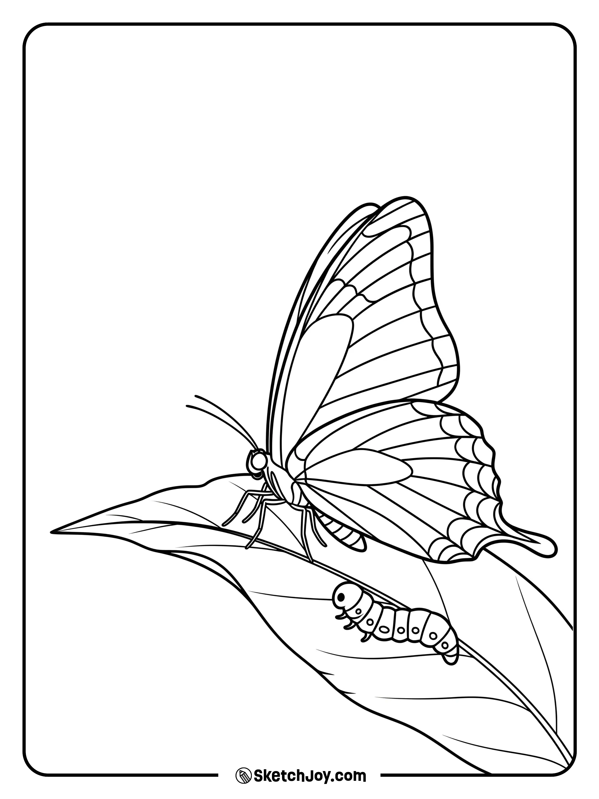A butterfly is peacefully resting on a big leaf, with a tiny worm.