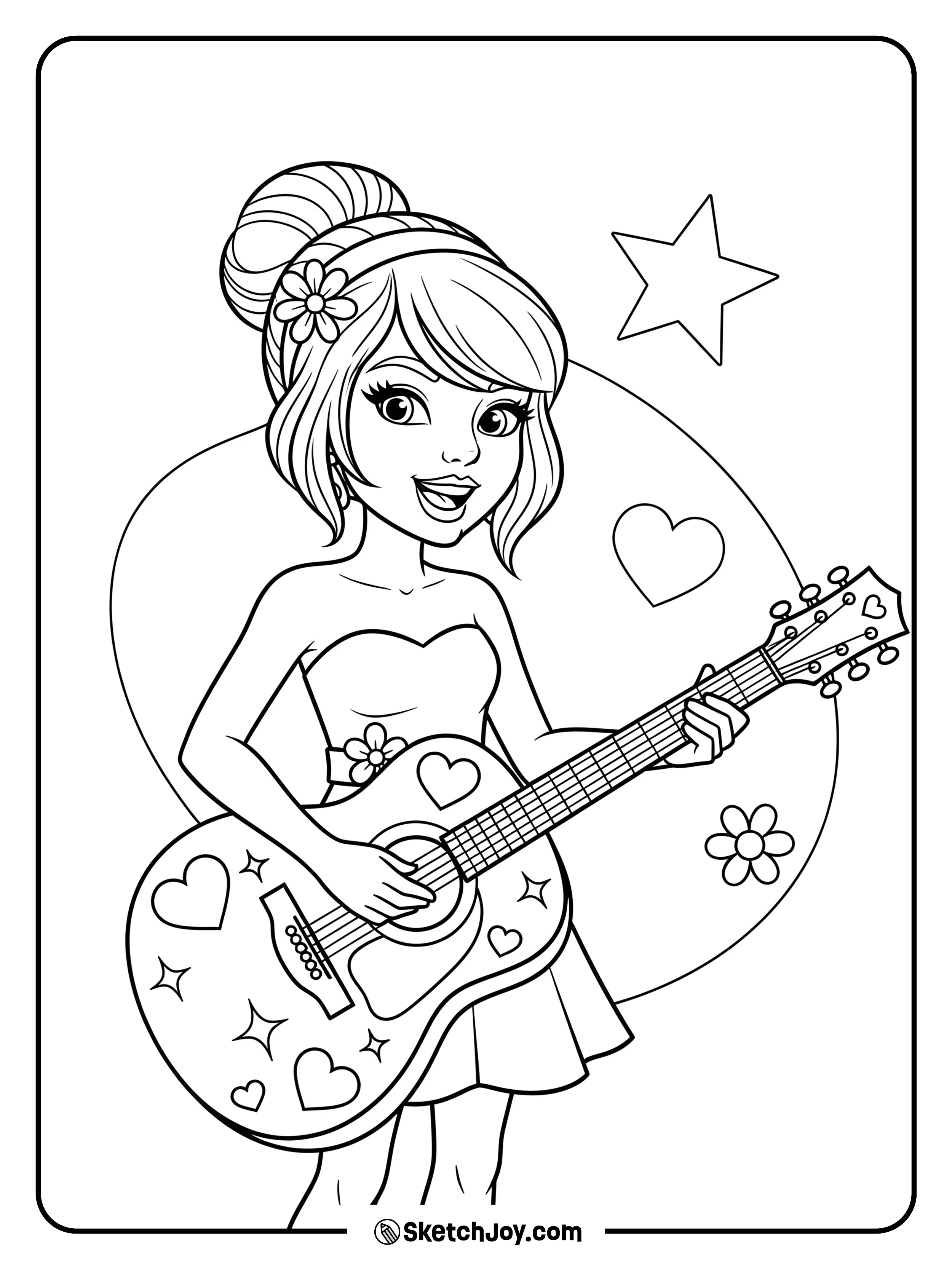Taylor Swift playing a guitar decorated with hearts.