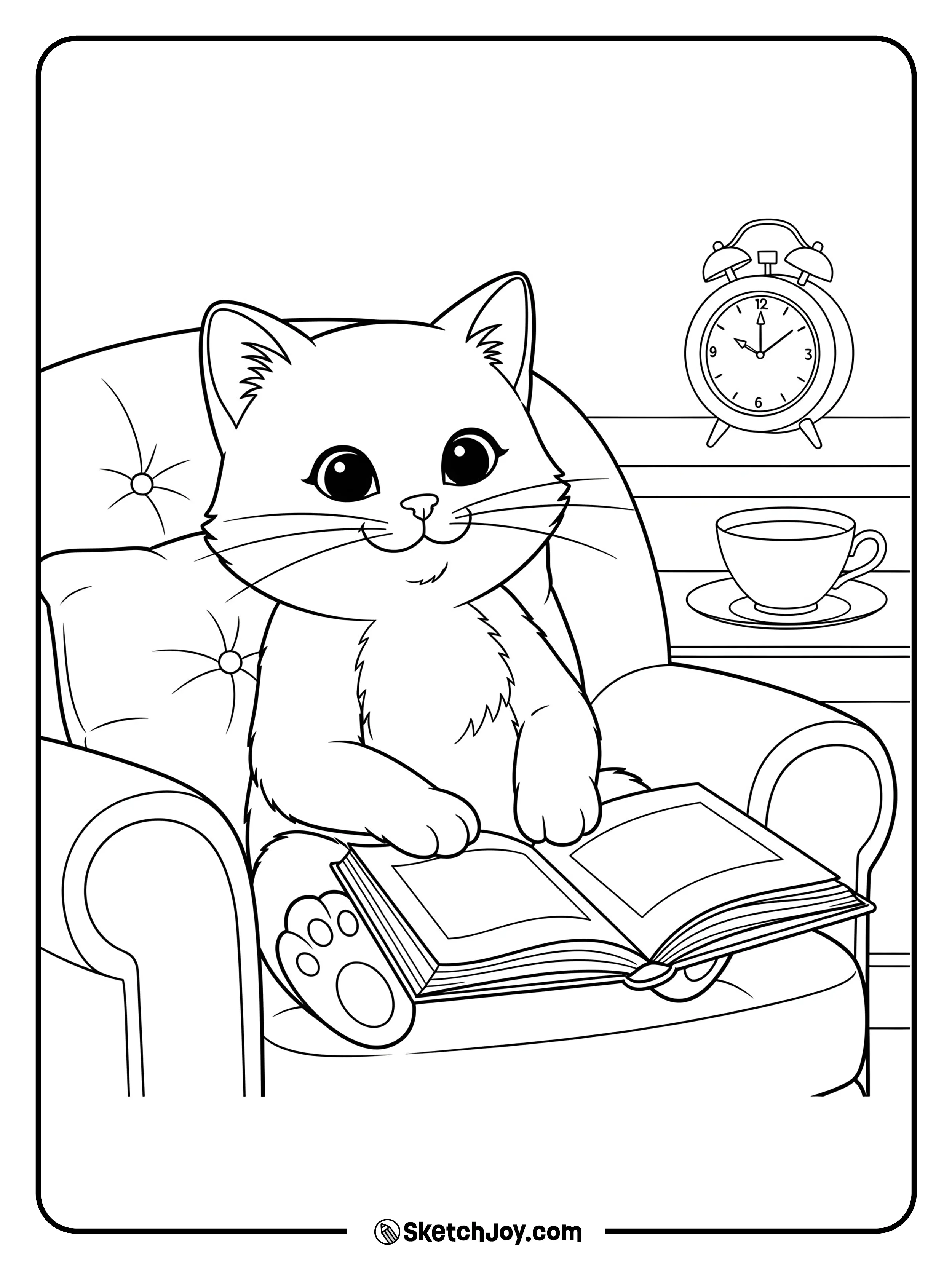 A smart little cat reading a storybook on a cozy chair.