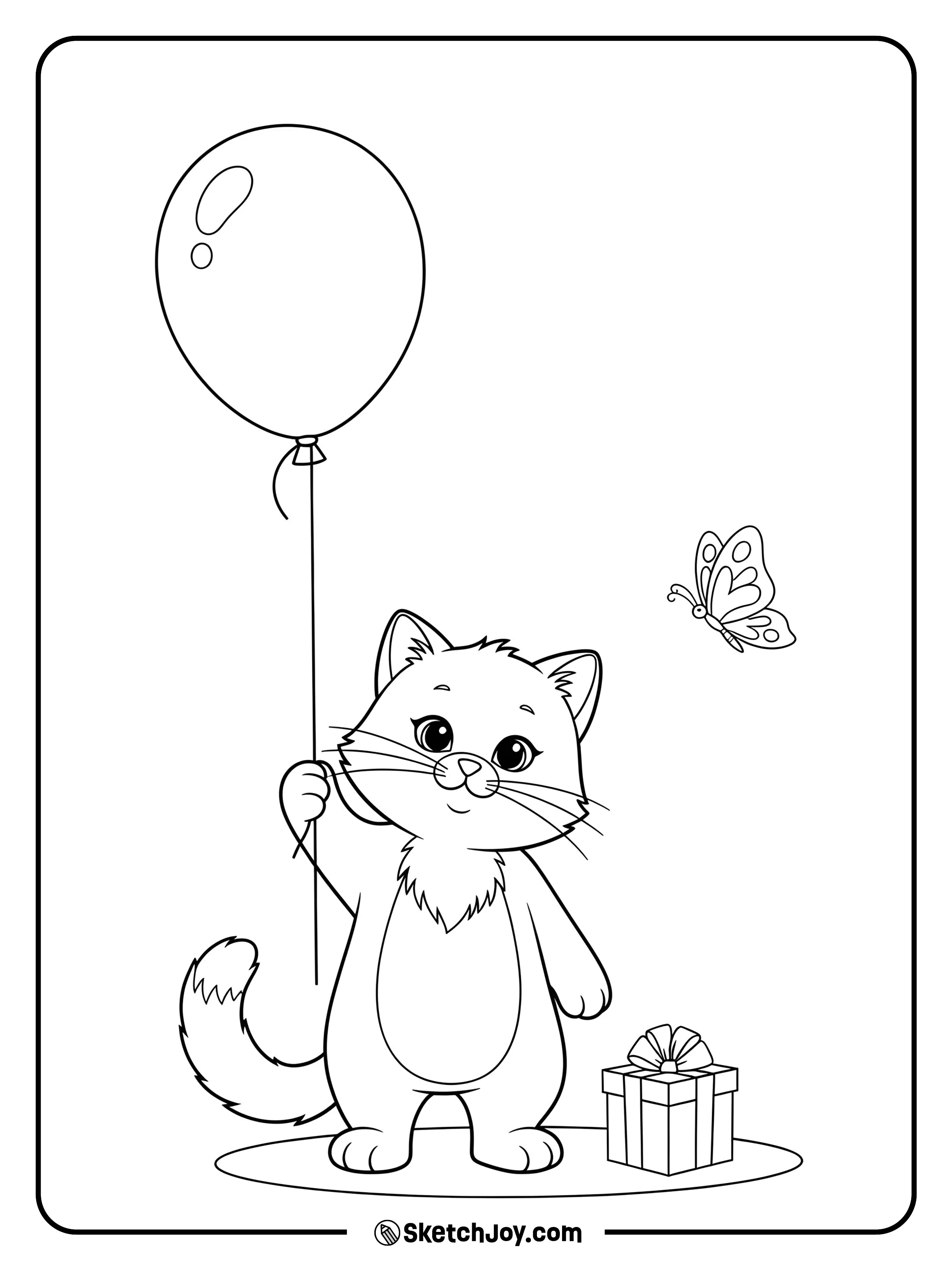 A joyful cat holding a balloon with a gentle smile.