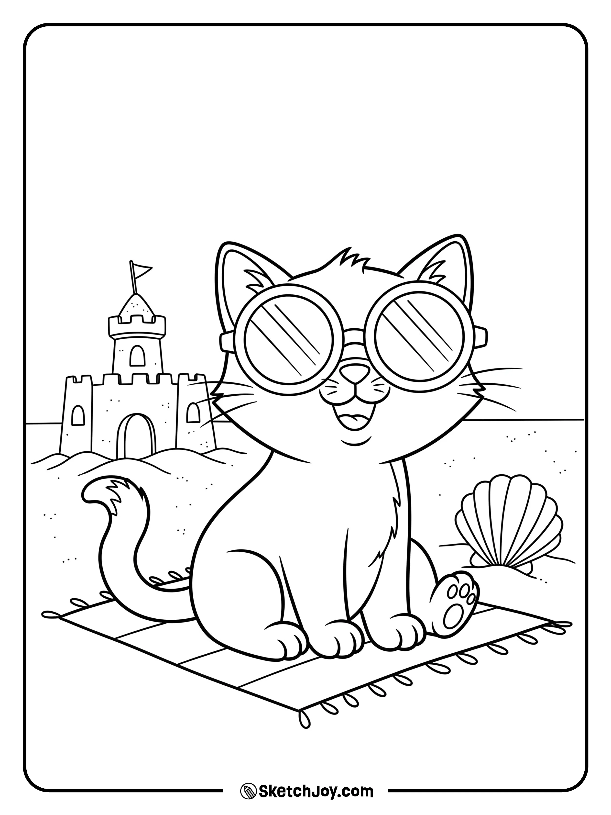 A cat enjoying the beach and sunshine.