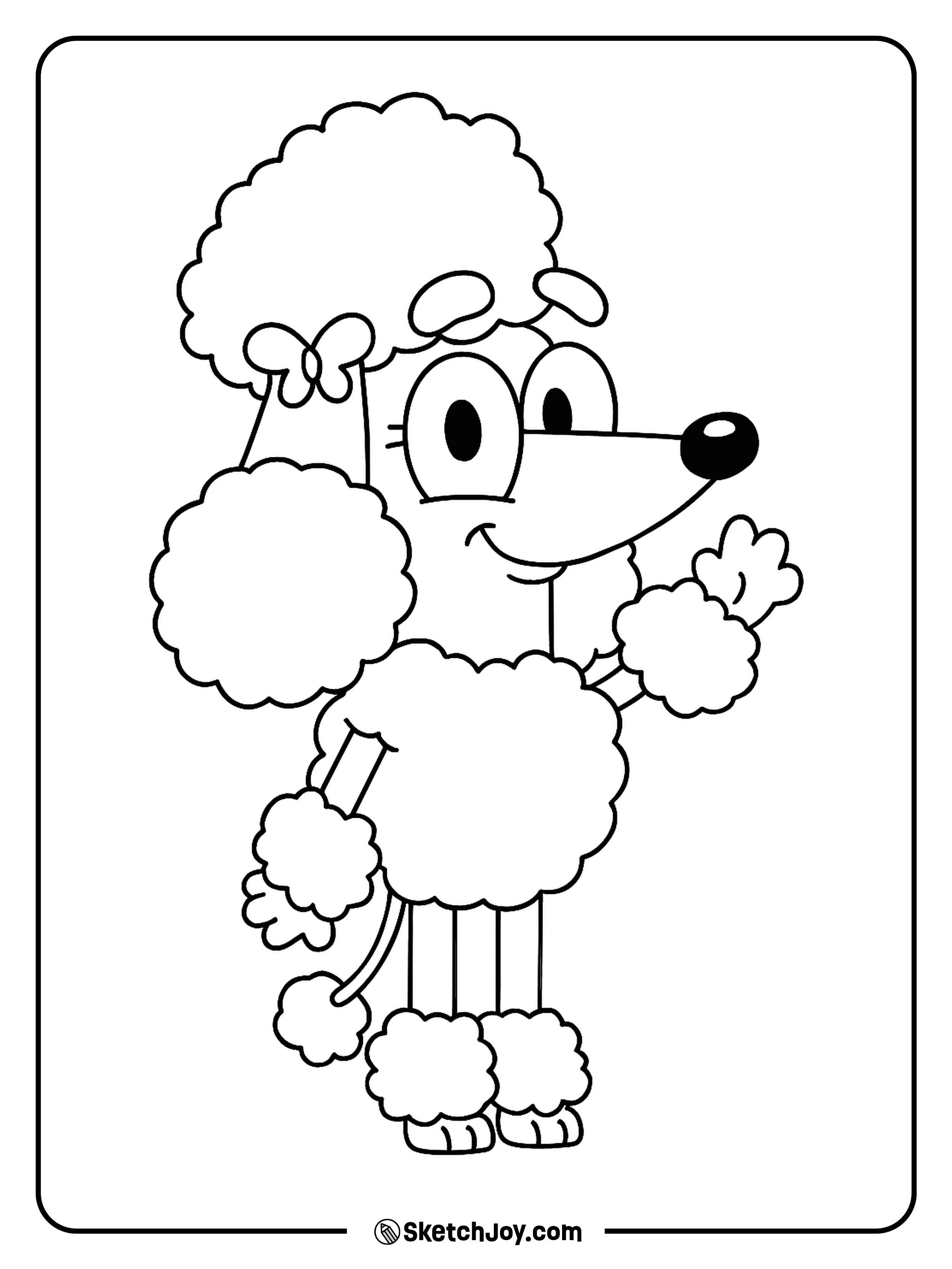 Coco is standing happily and waving with a big smile.