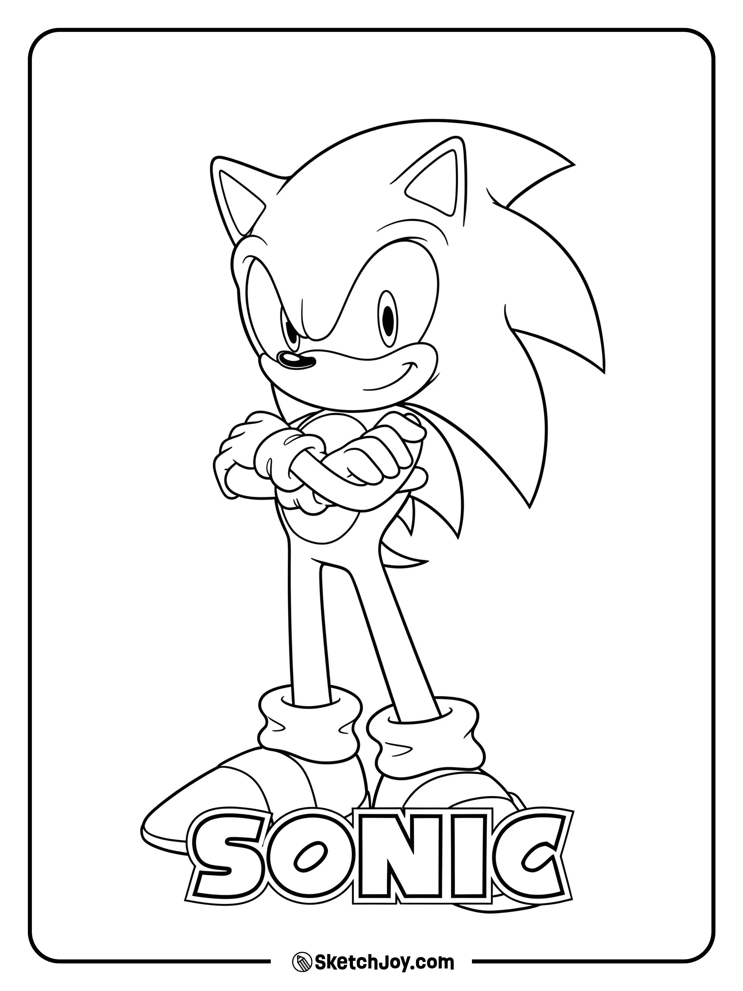 Sonic stands with his arms crossed and a cool, confident expression, ready for adventure.