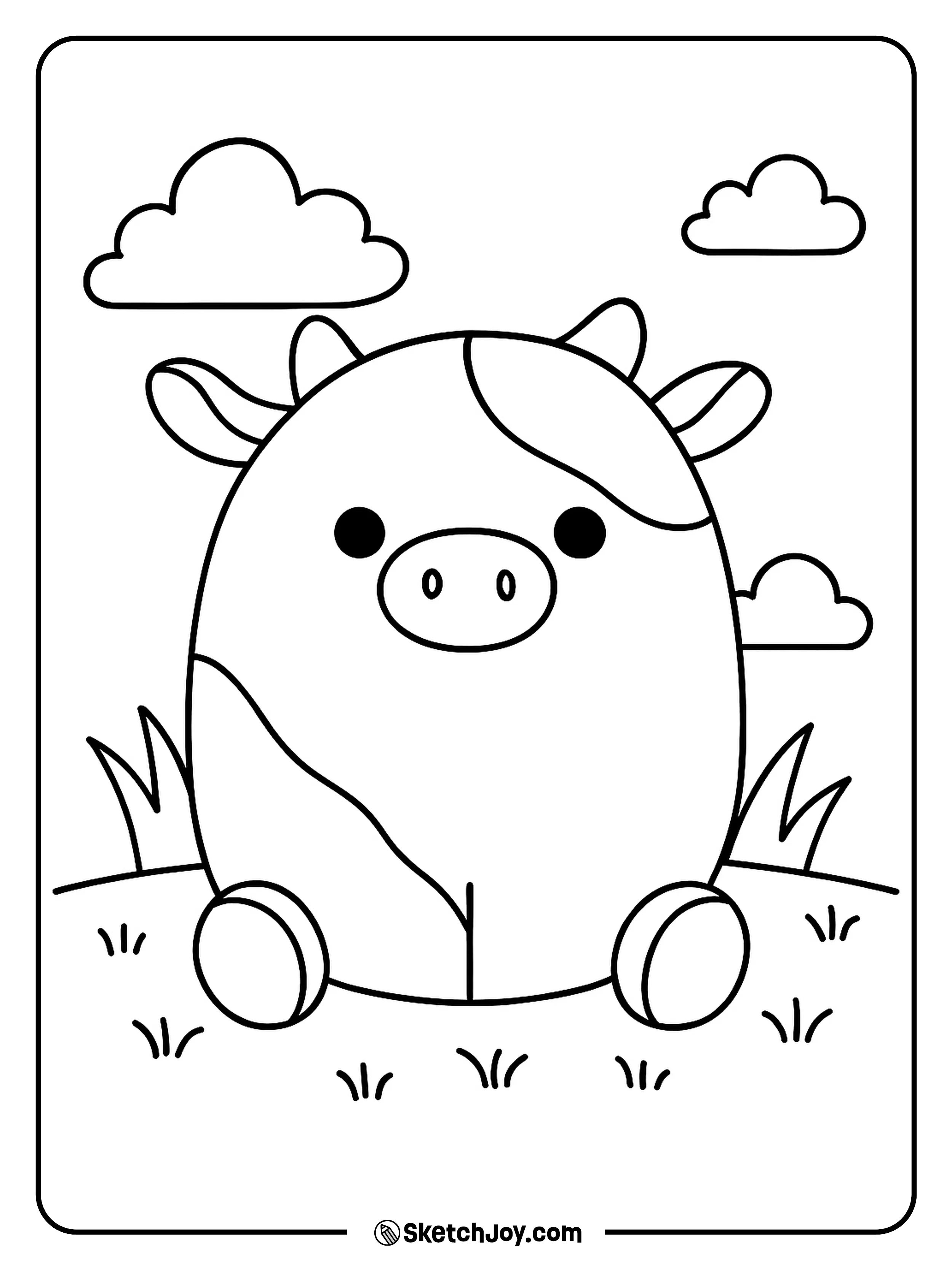 Connor the Cow Squishmallow sits happily on the grass