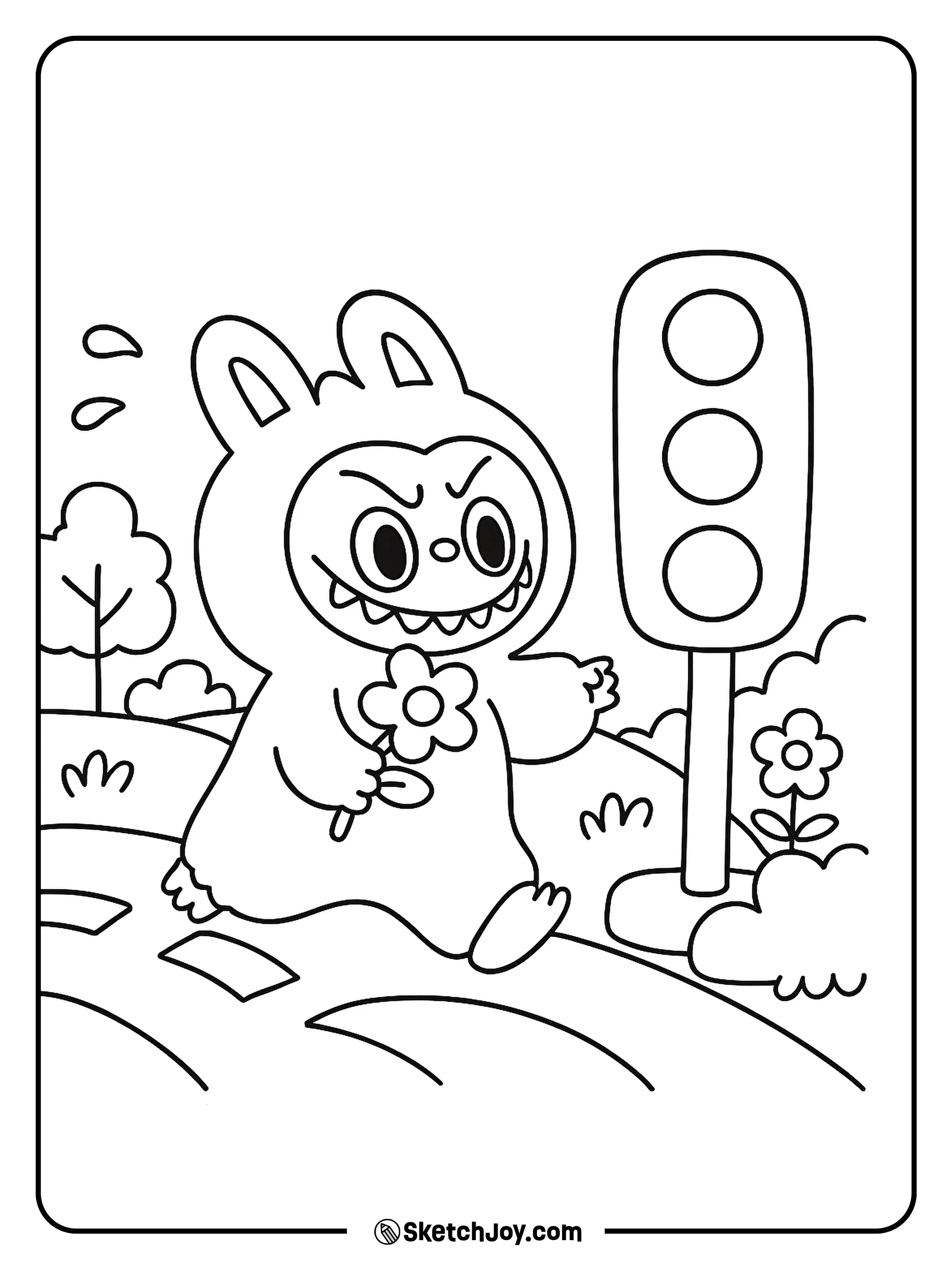 Labubu is dressed in a fuzzy bunny outfit, happily crossing the street.