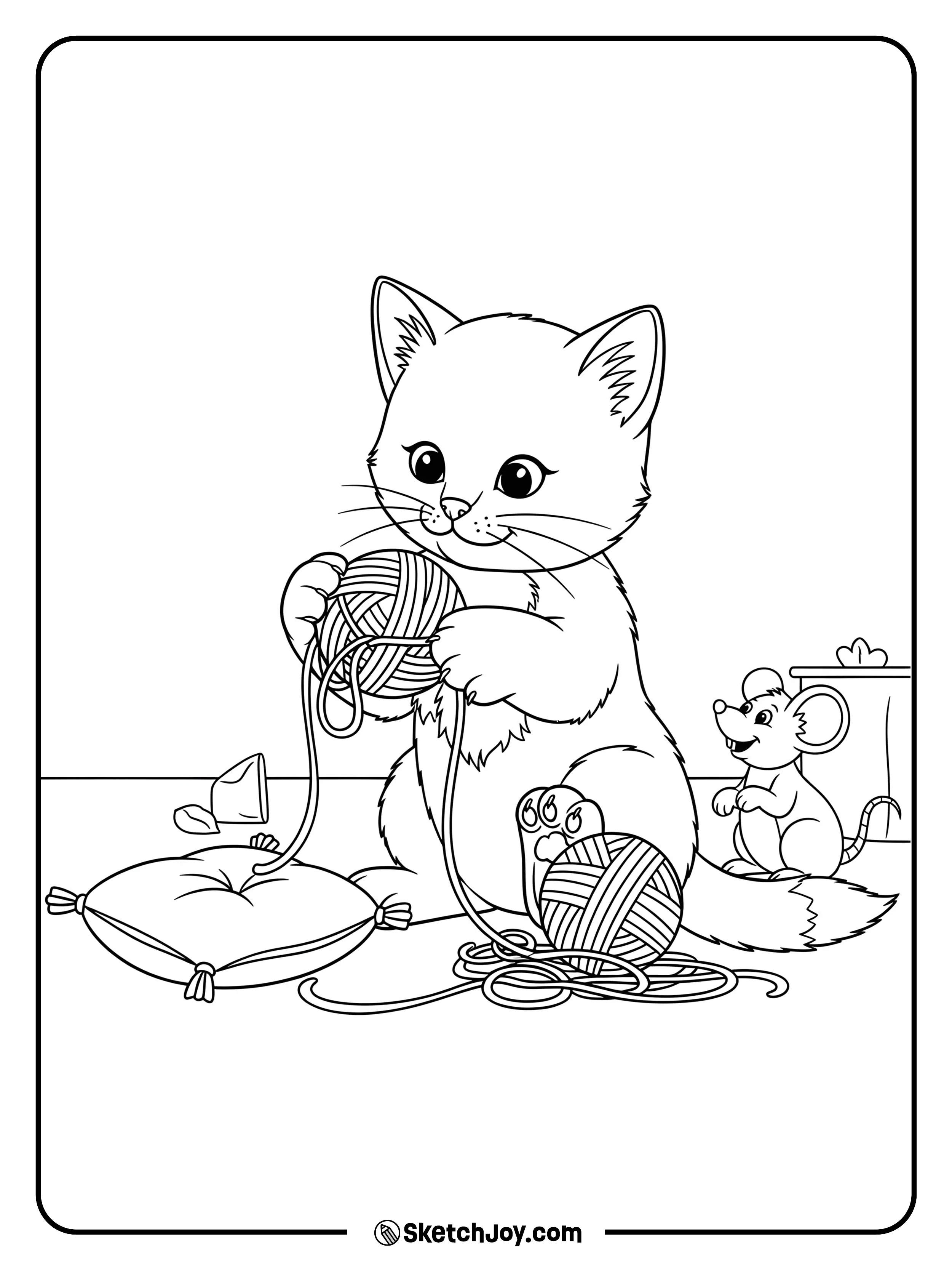 A playful cat is tangled up in a ball of yarn and having fun.