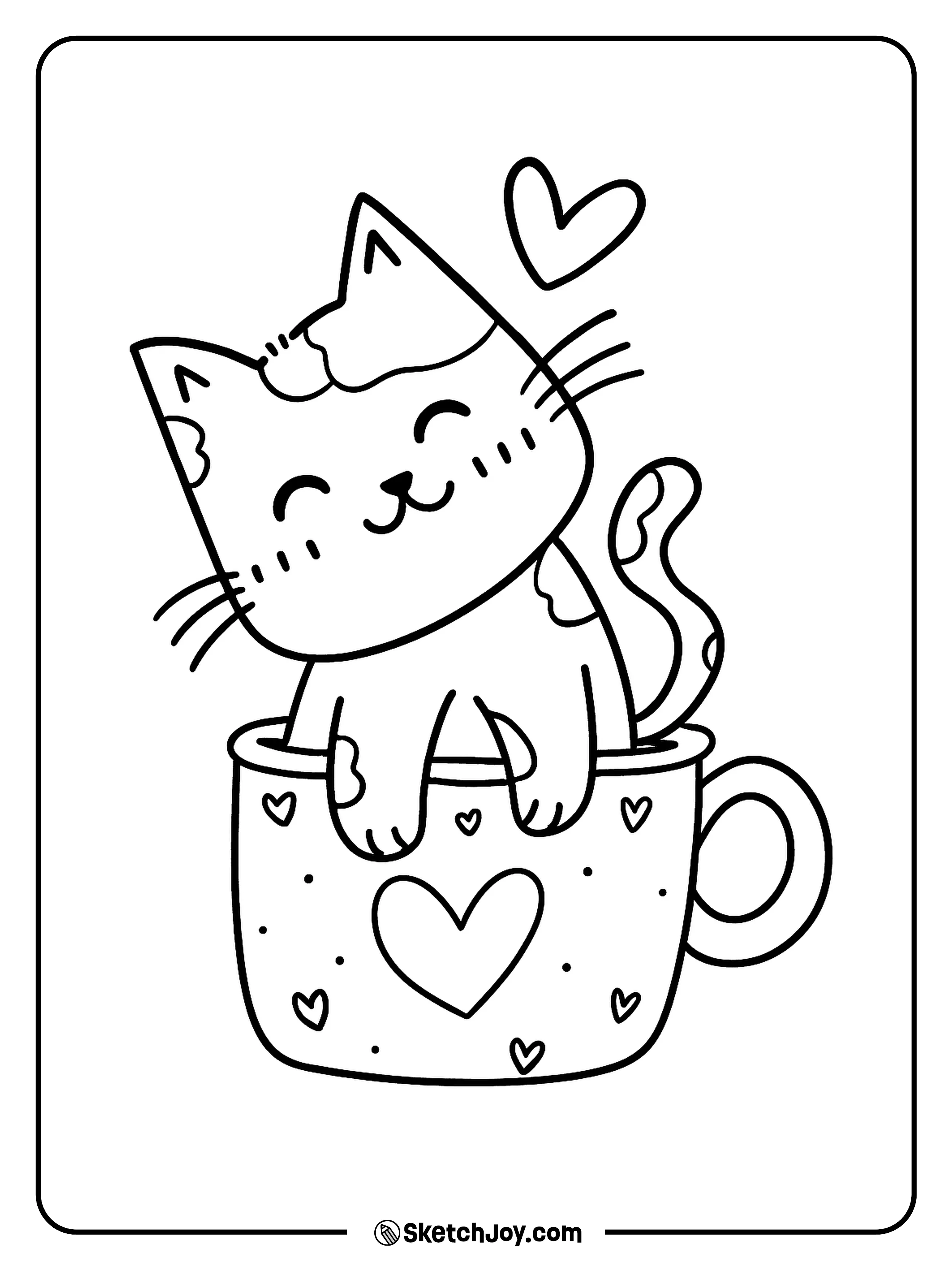 A cheerful little cat is happily sitting inside a decorated cup.