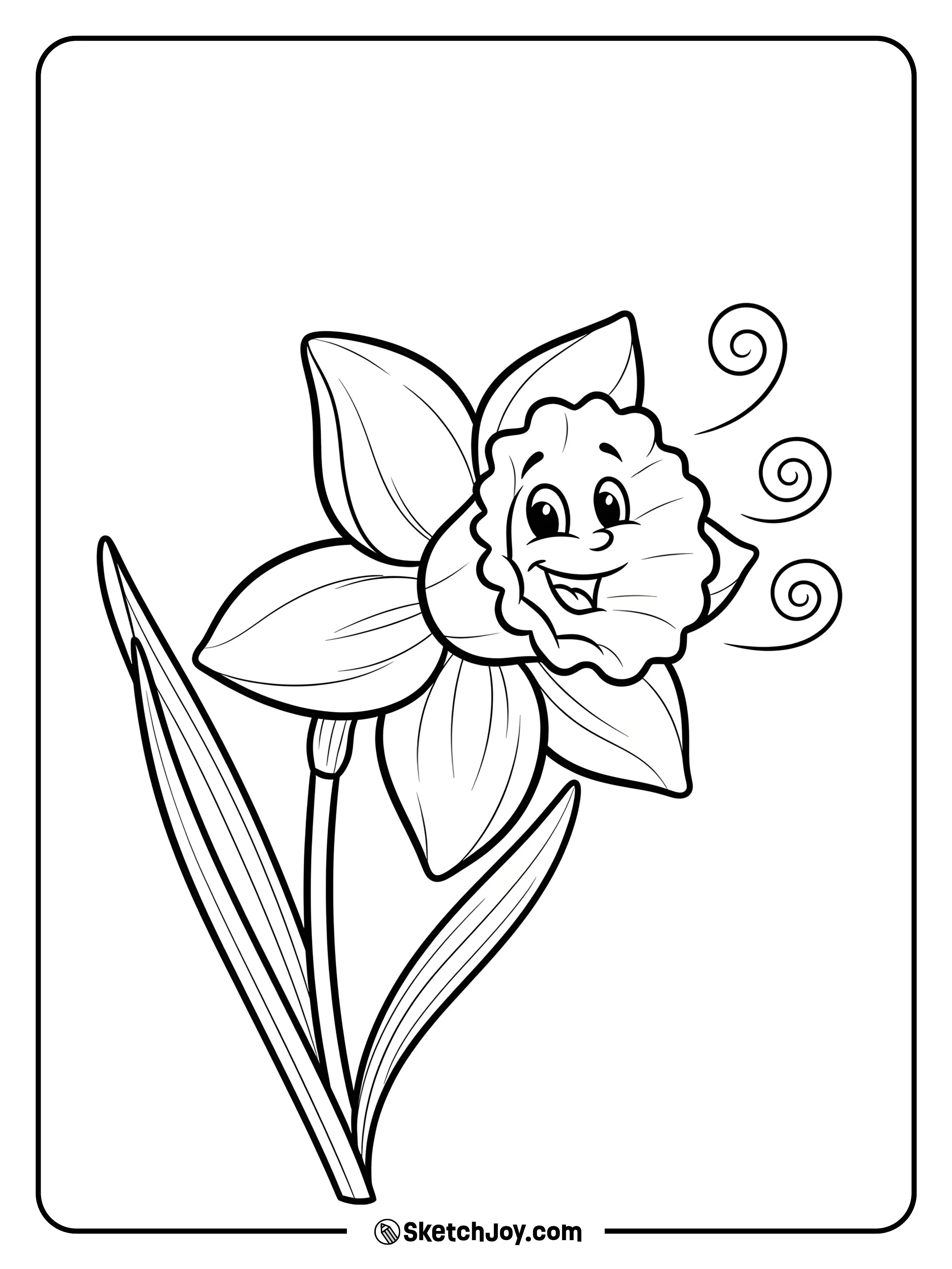 A cute daffodil waving in the wind in a cartoon style.