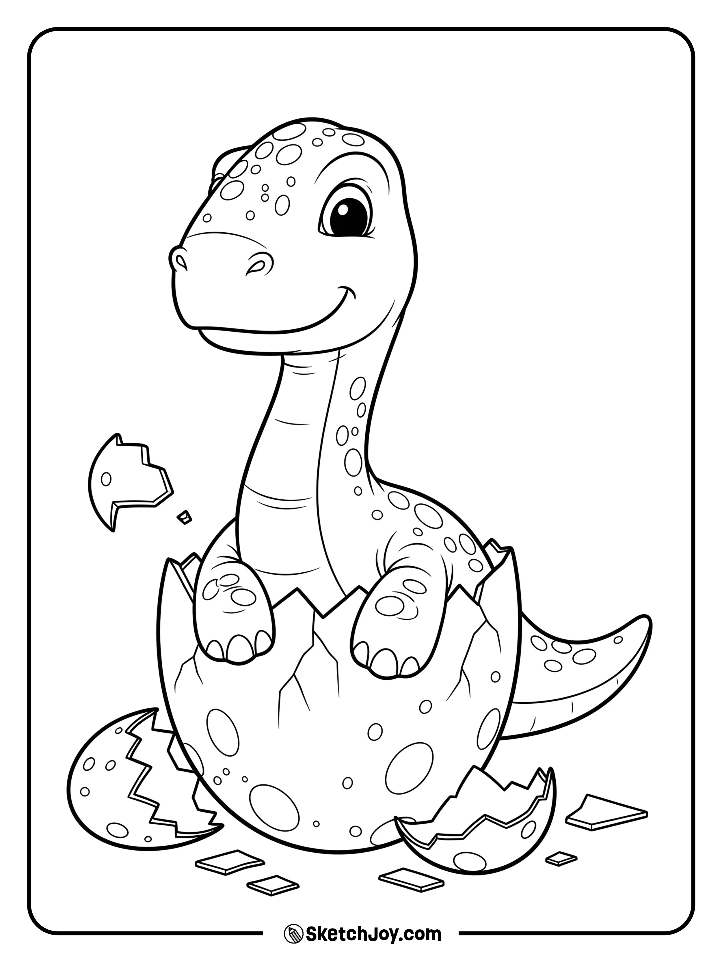 A baby dinosaur hatches from an egg with cracked shell pieces around.