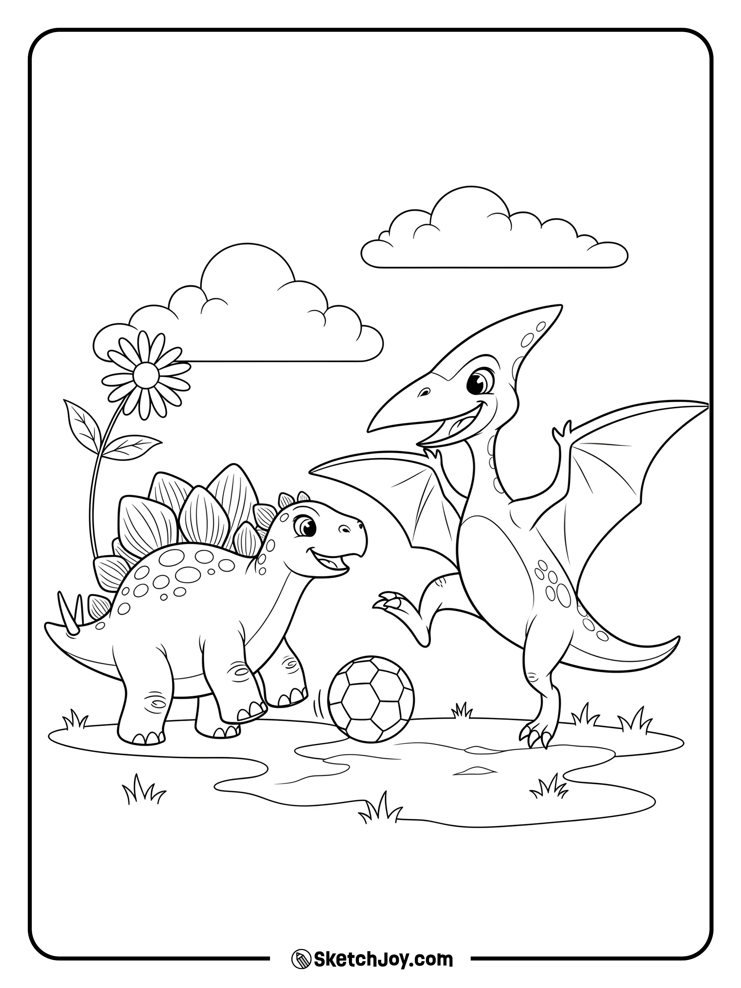 Two small dinosaurs play together with a ball, in a field.