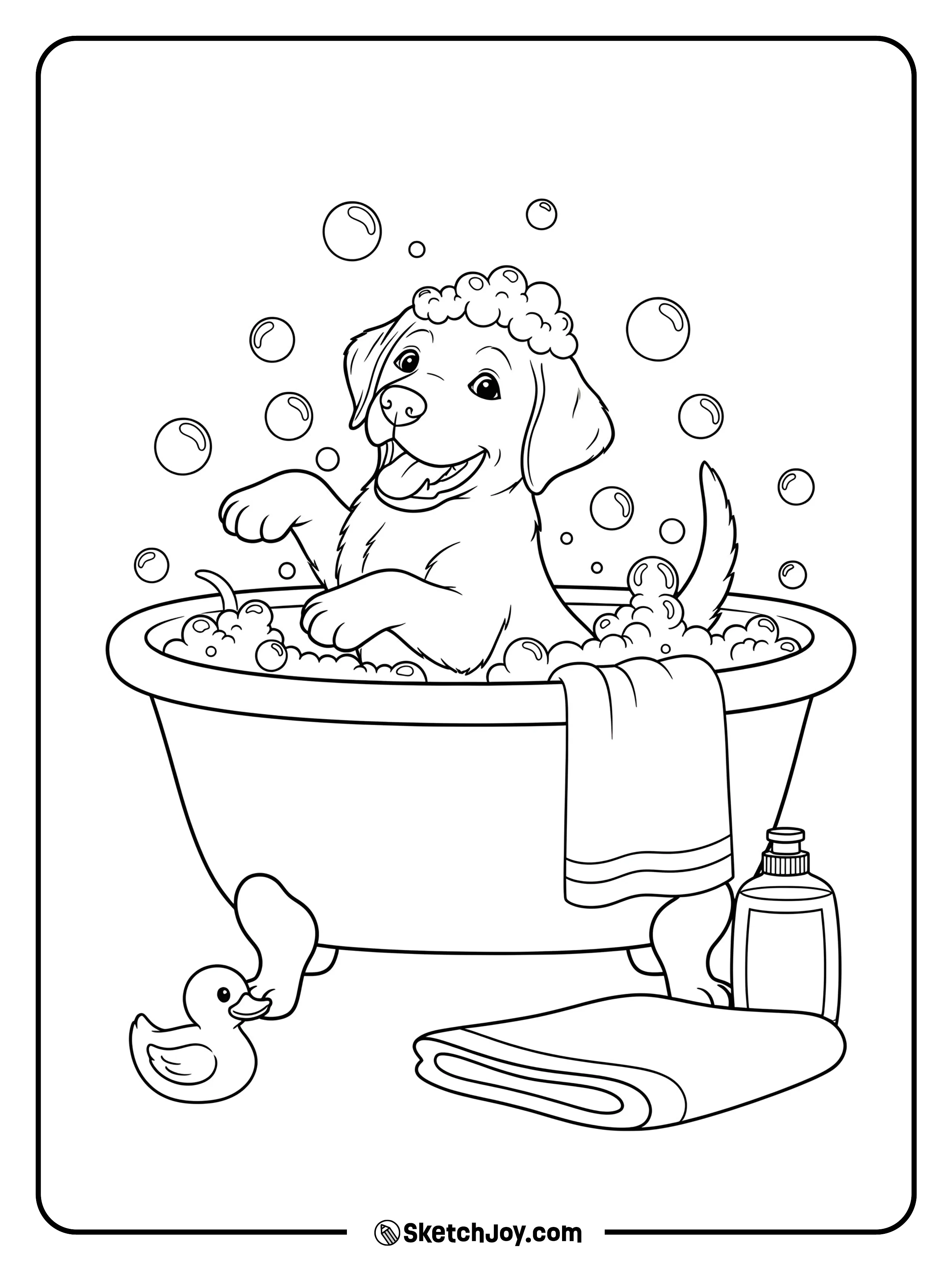 A playful dog splashing around in a bubble bath inside a small tub.