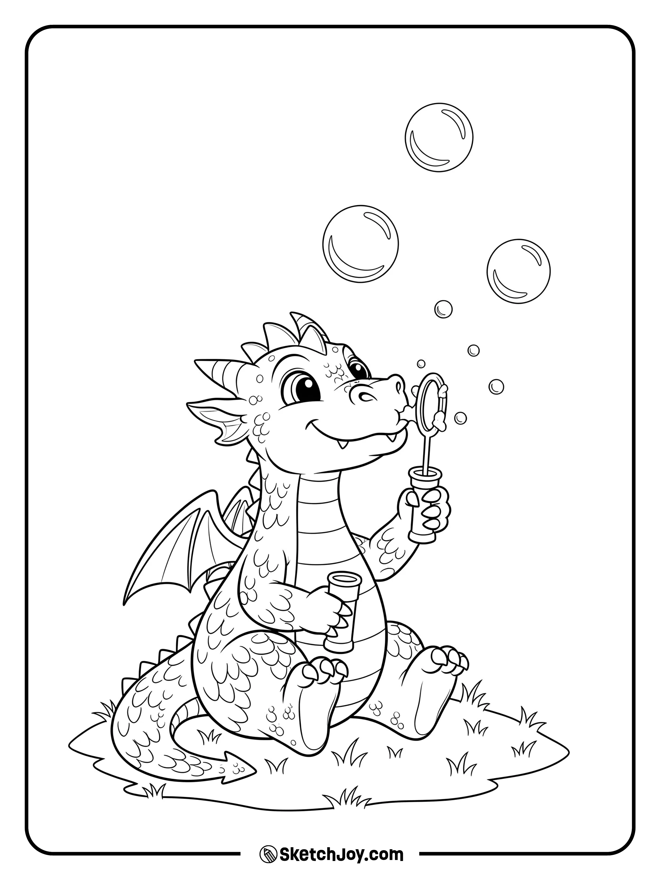 A playful dragon blows big bubbles into the air.