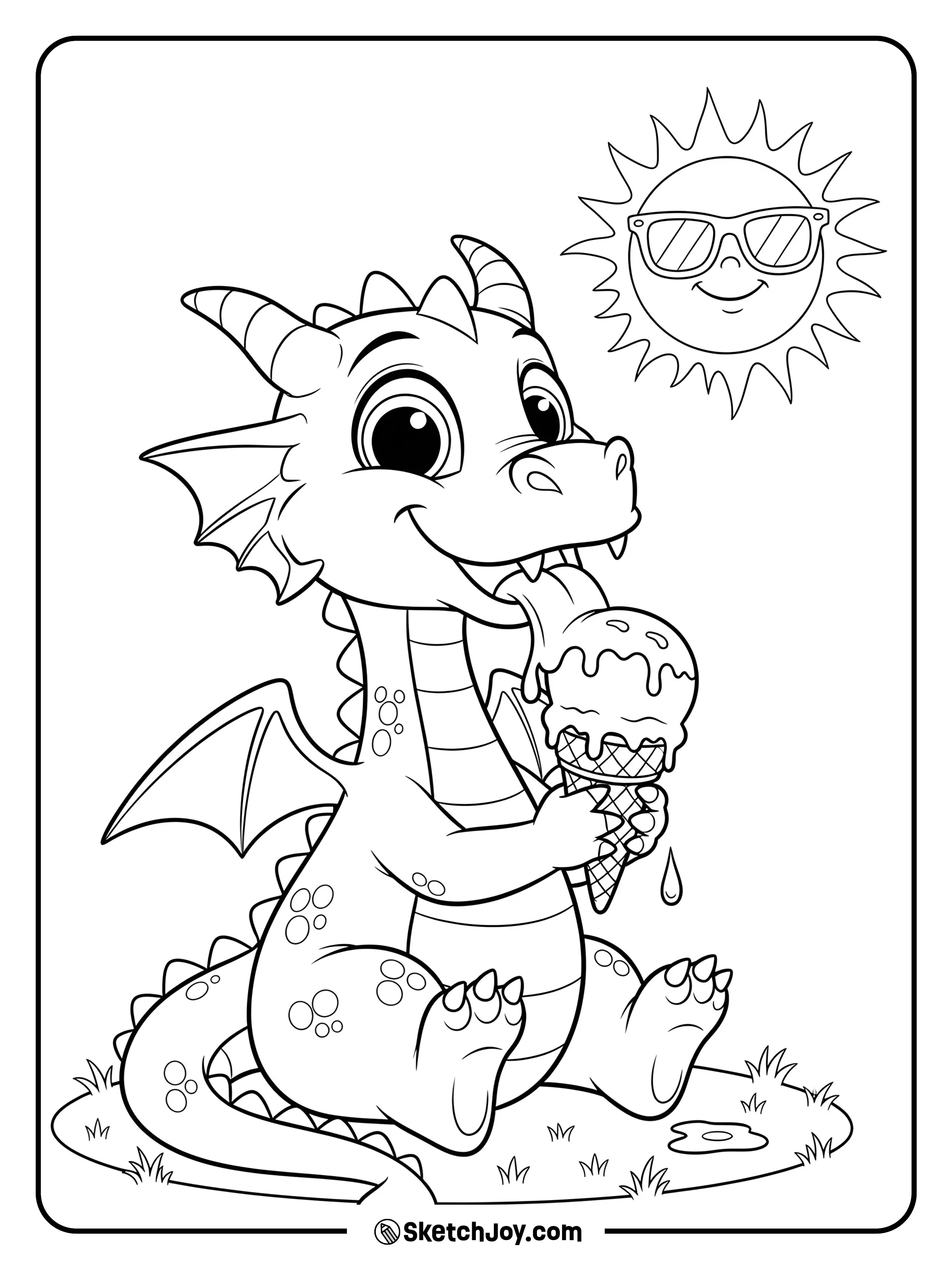 A content dragon enjoys a cone of ice cream.