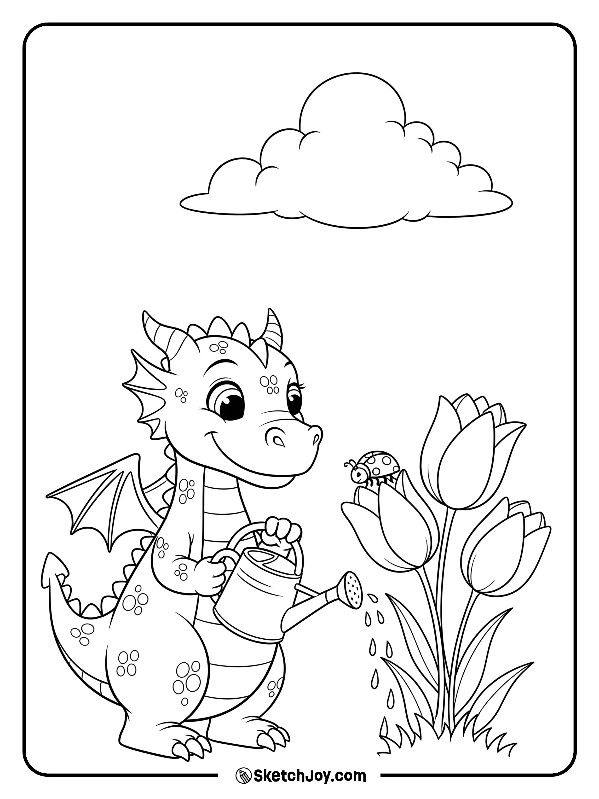 A kind dragon waters some flowers with a can.