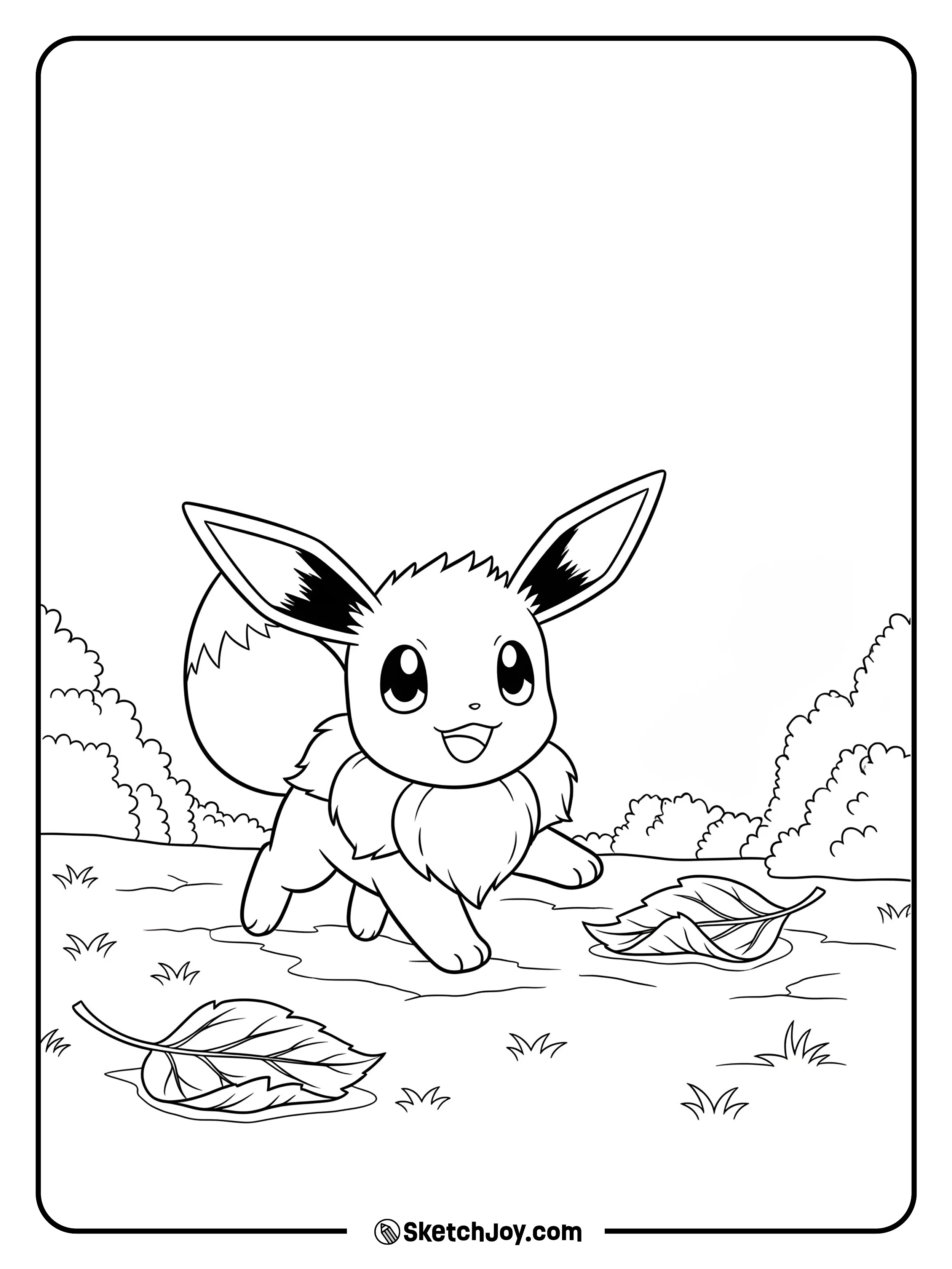 A playful Eevee runs after a falling leaf in this cute autumn-themed scene.
