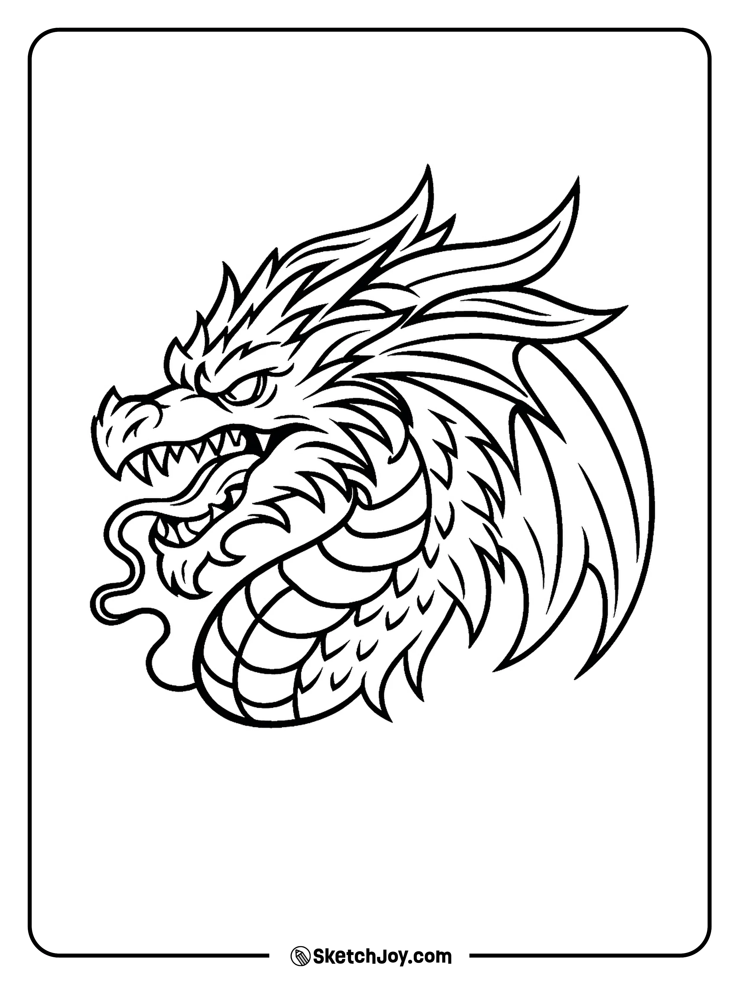 A bold and fierce dragon head with sharp horns, scales, and a curling tongue.