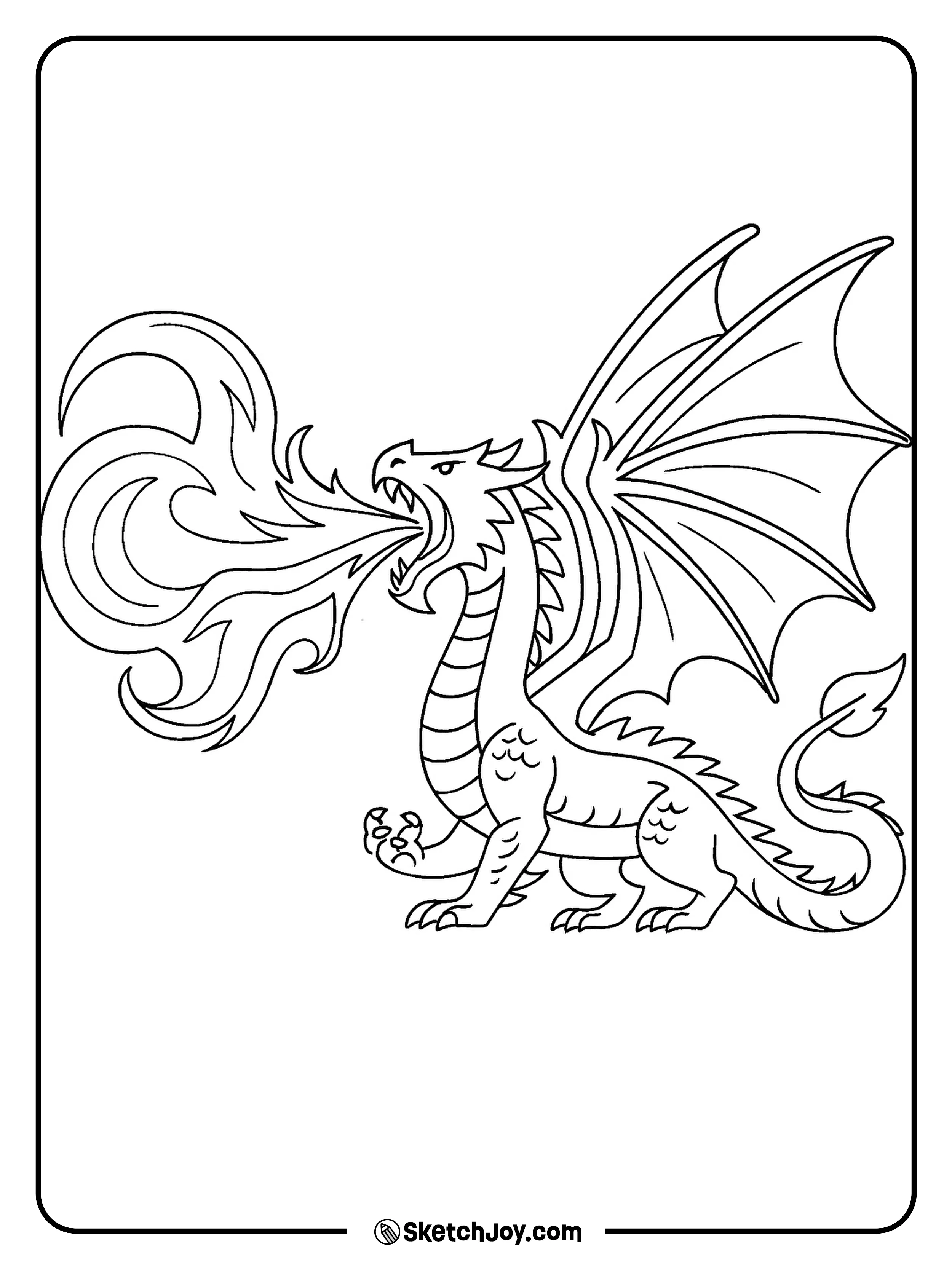 A powerful dragon breathes a giant stream of fire