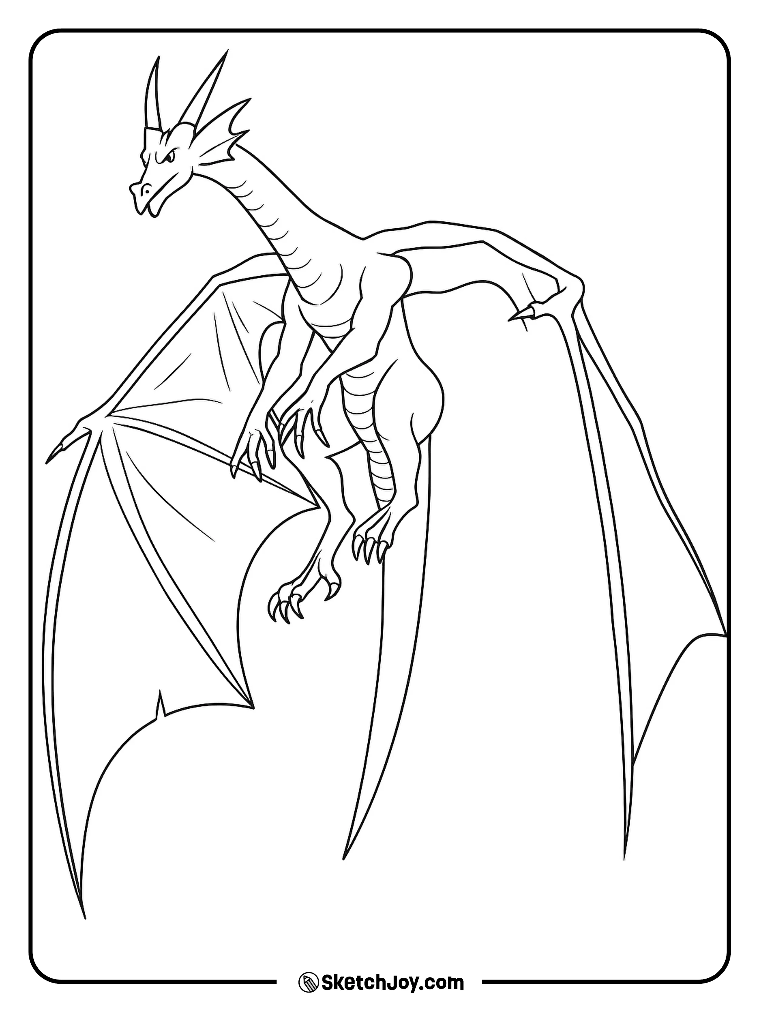 A mighty dragon glides high in the sky with its wings fully spread.