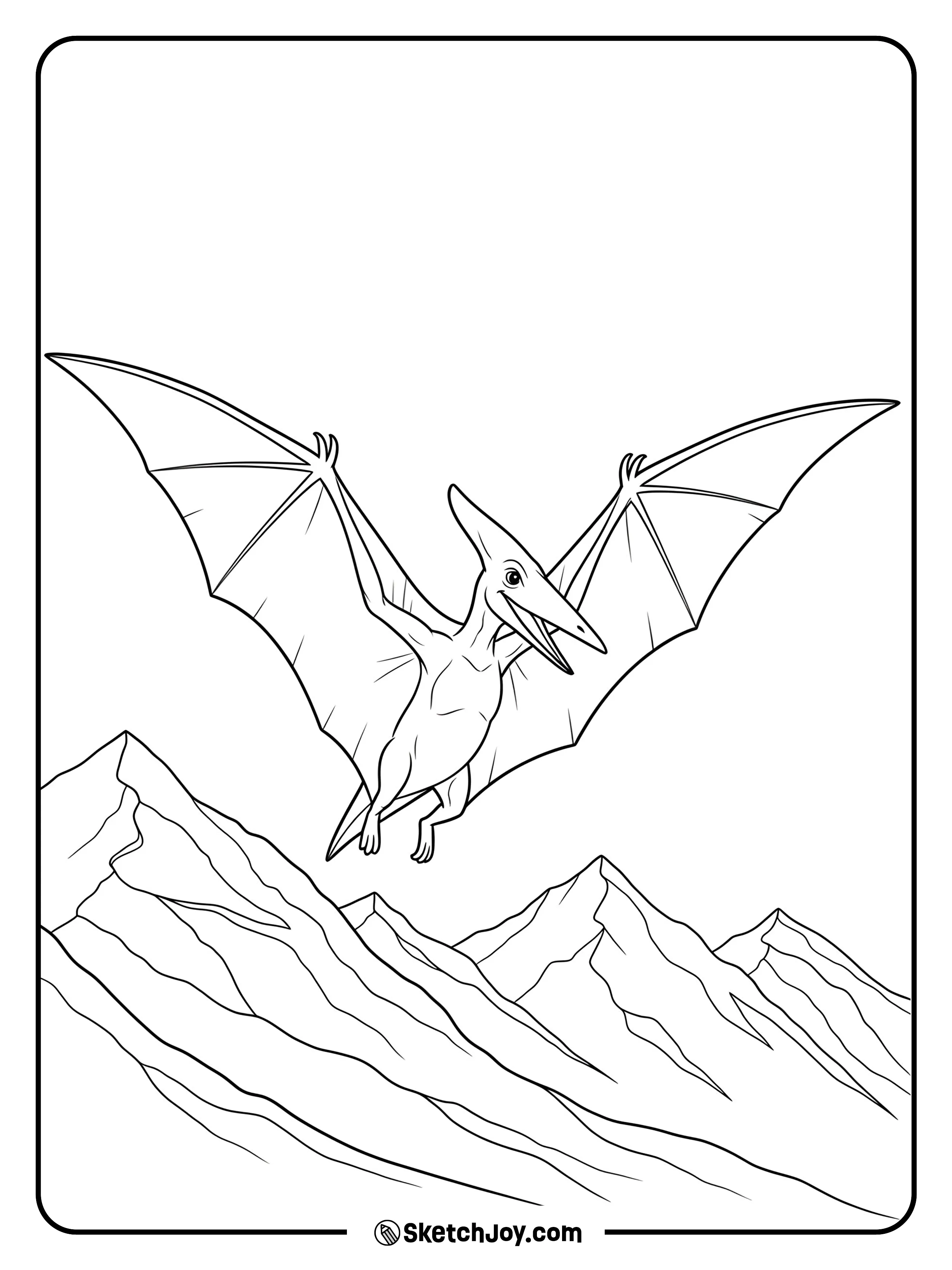 A Pterodactyl glides in the sky with mountains below.