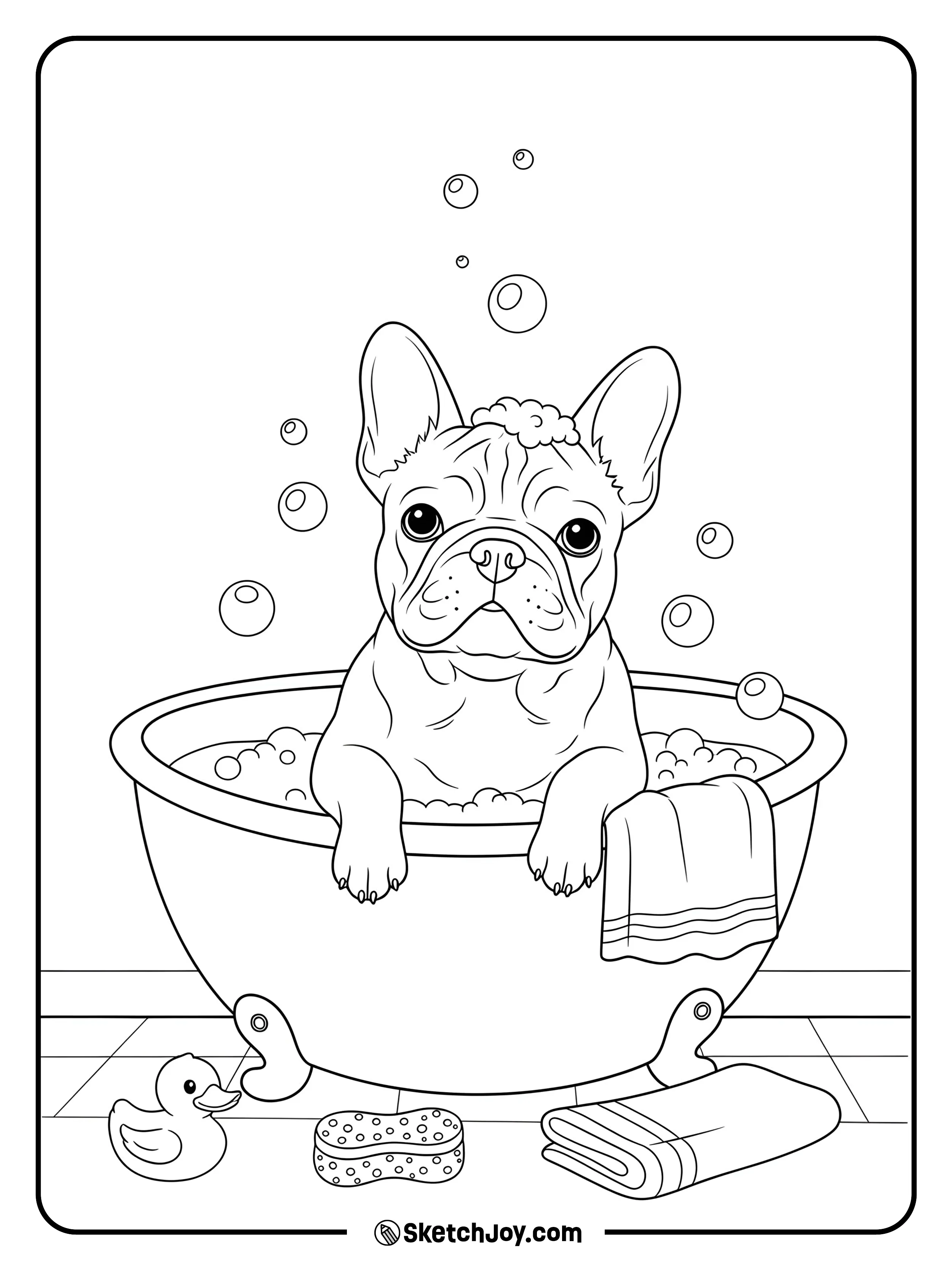 A cute French Bulldog enjoying a bubble bath in a tiny tub.
