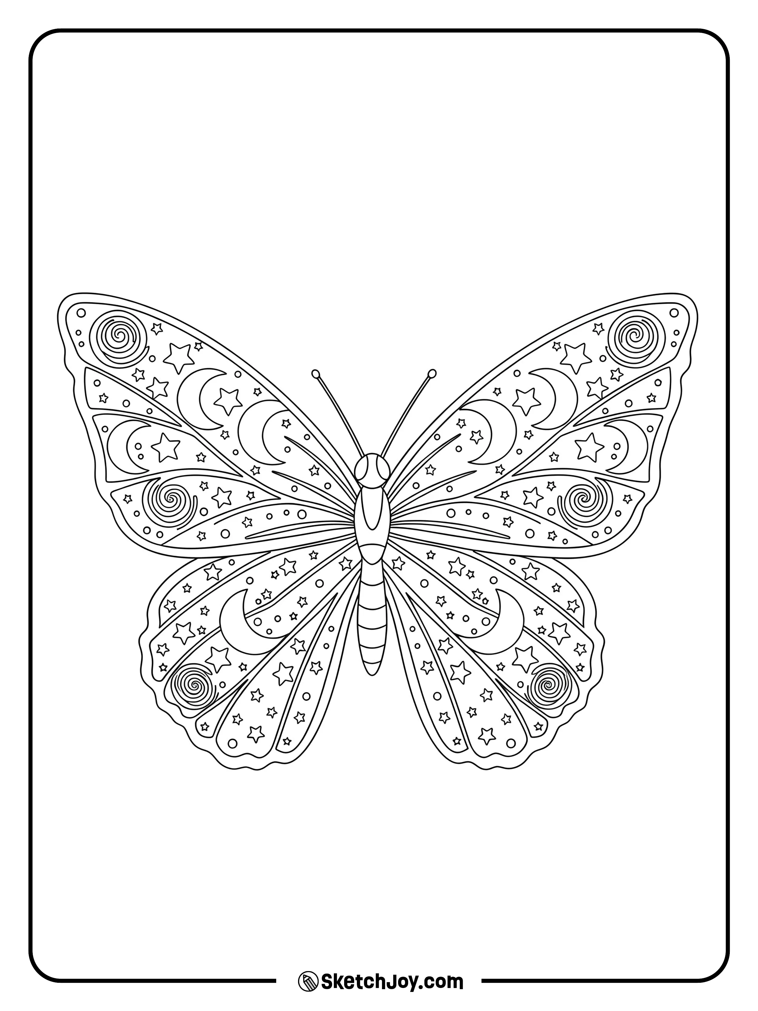 A butterfly with celestial designs inside its wings, including stars, moons, and light swirls.