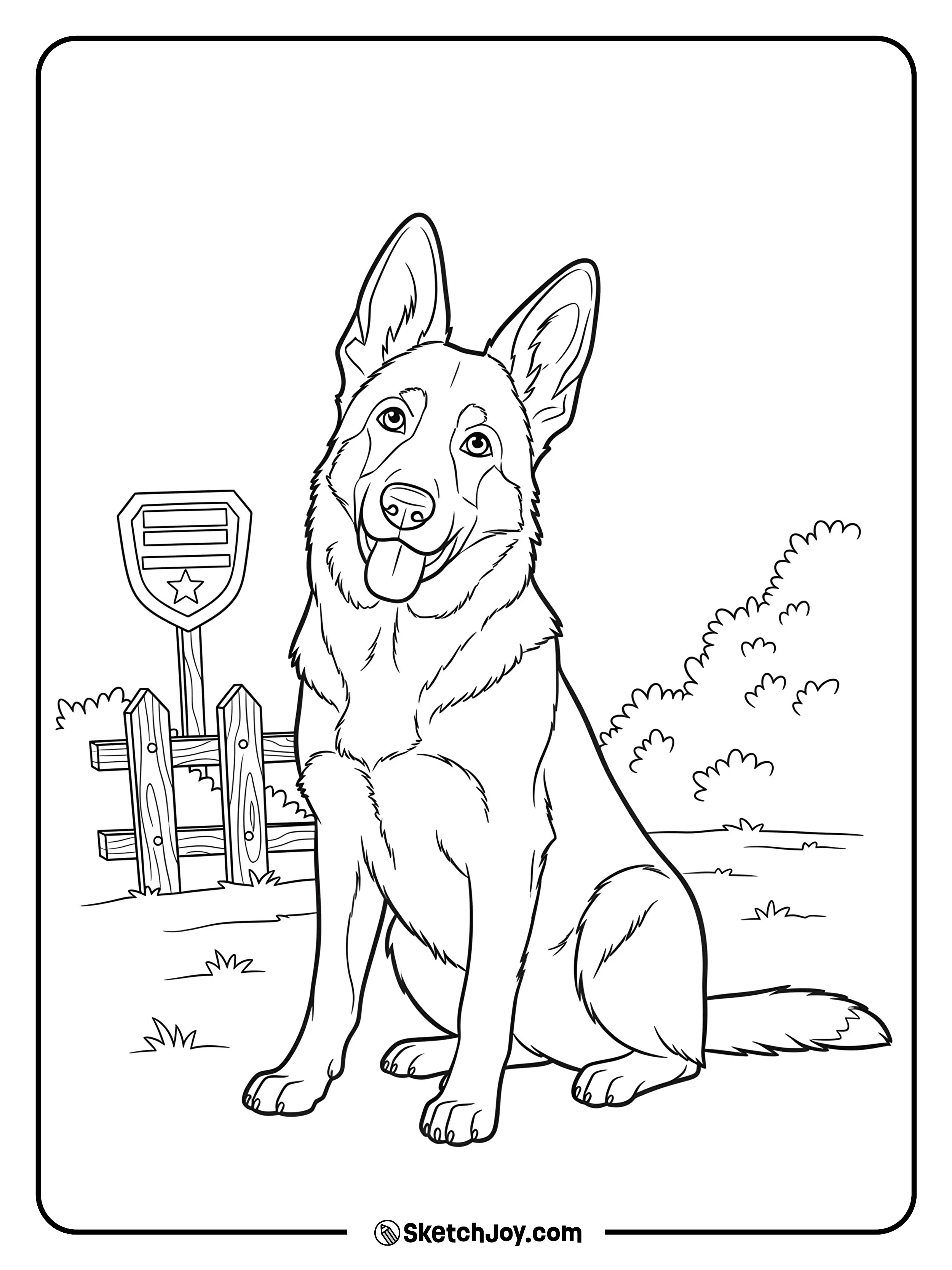 A loyal German Shepherd sitting alert, looking around like a guard dog.