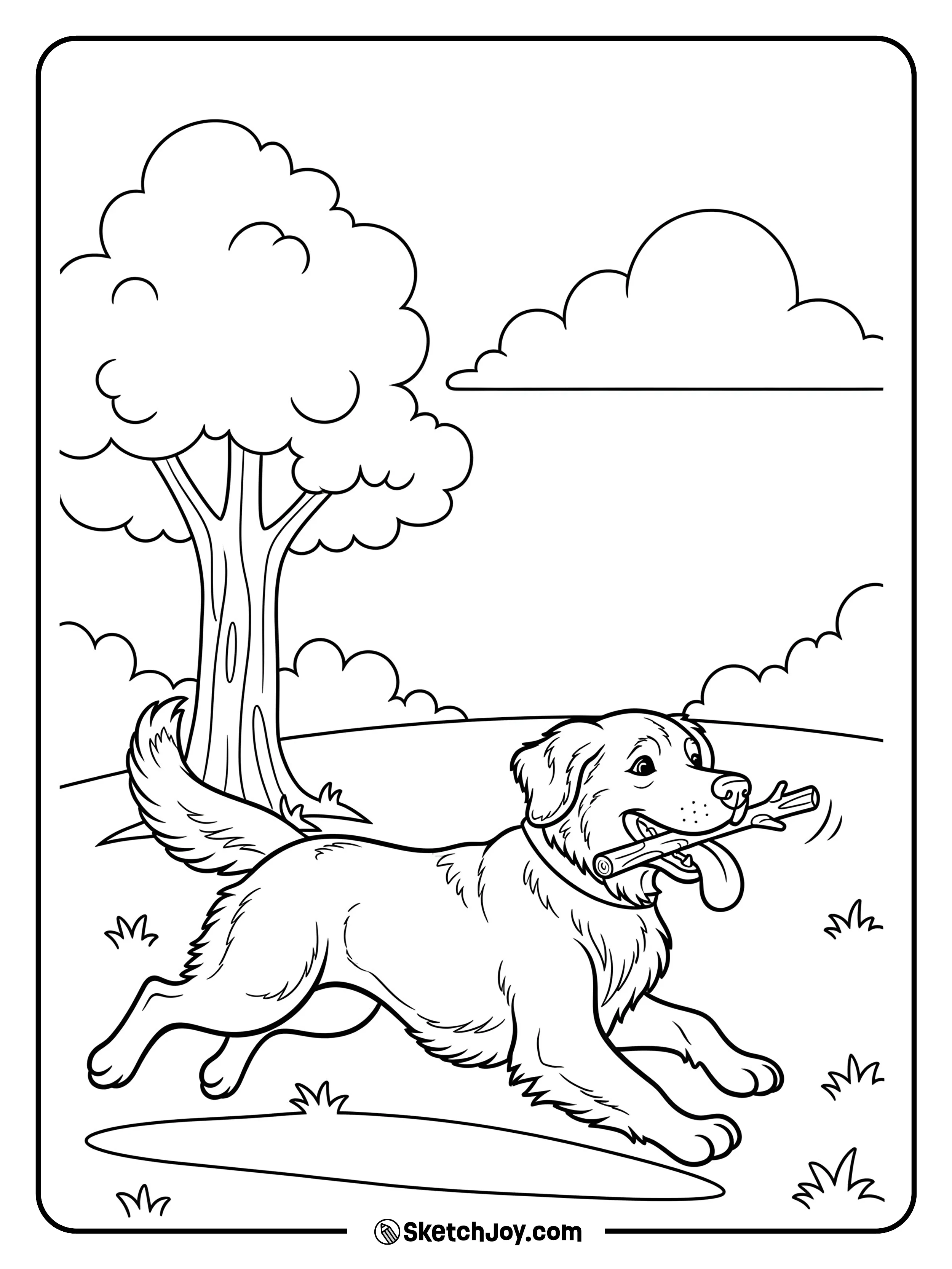 A joyful Golden Retriever chasing after a stick, full of energy.