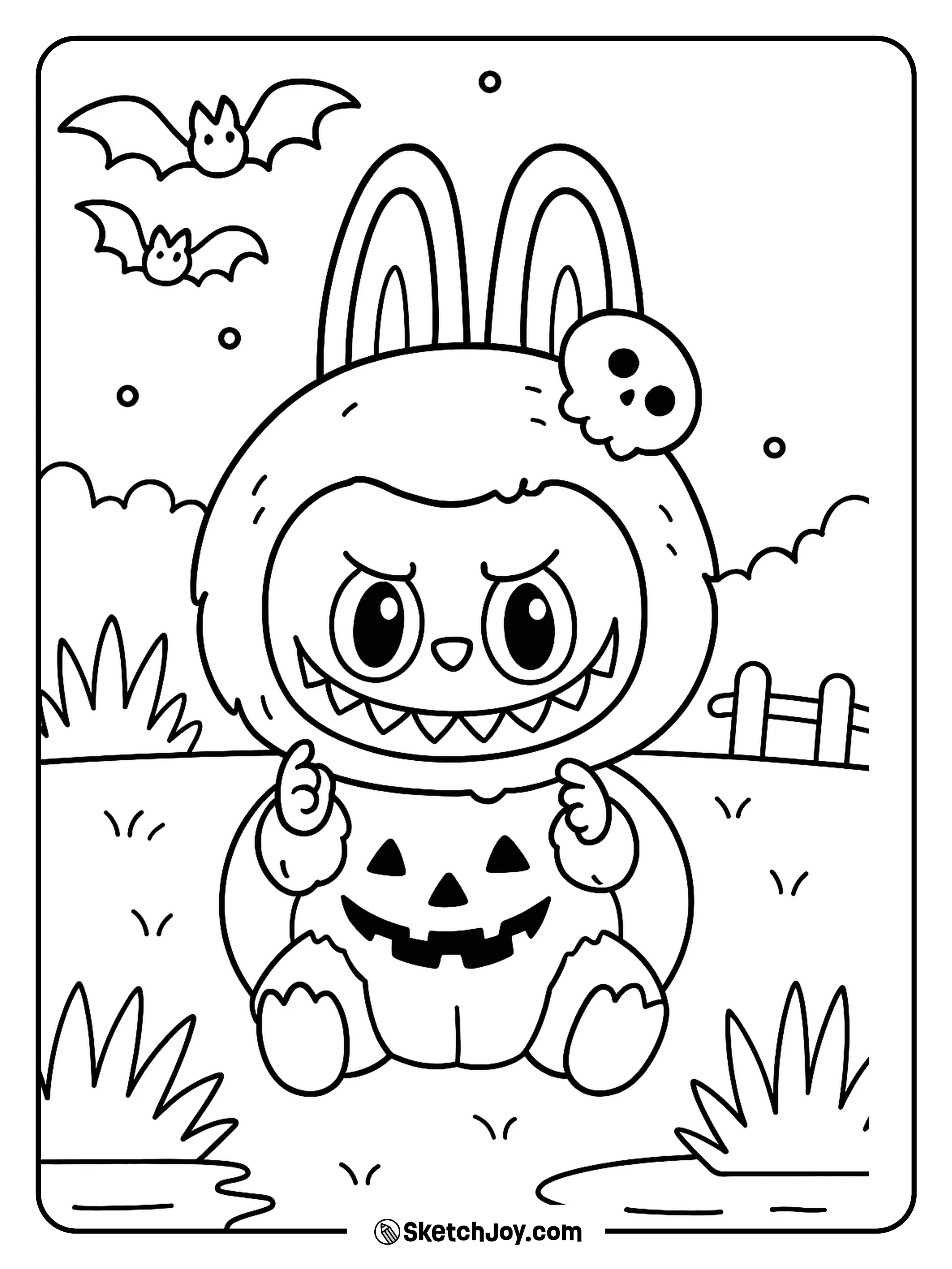 Labubu is dressed in a spooky jack-o’-lantern costume, sitting under a full moon with bats flying