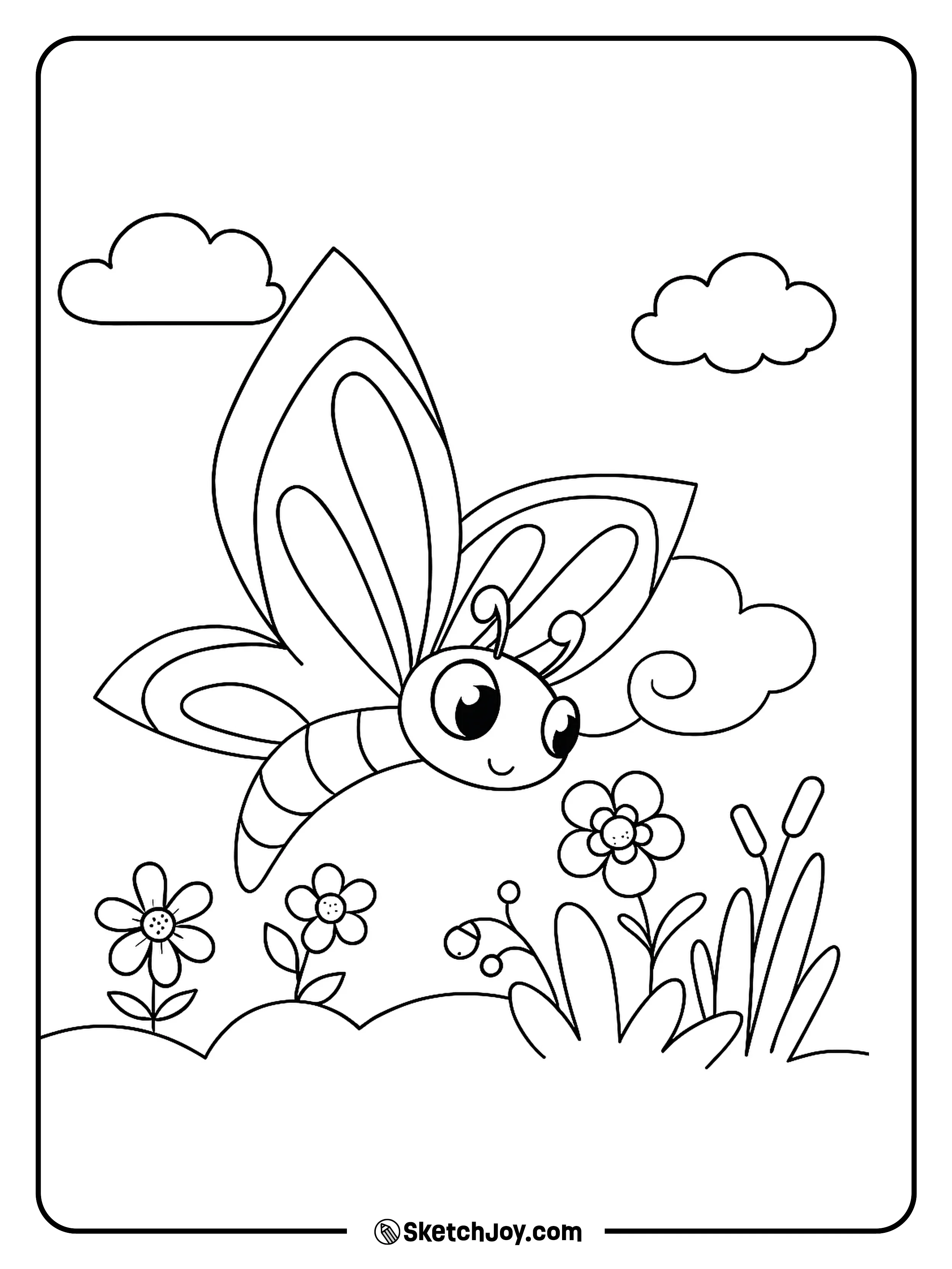 A joyful butterfly flutters above a few blooming flowers in a cheerful garden.